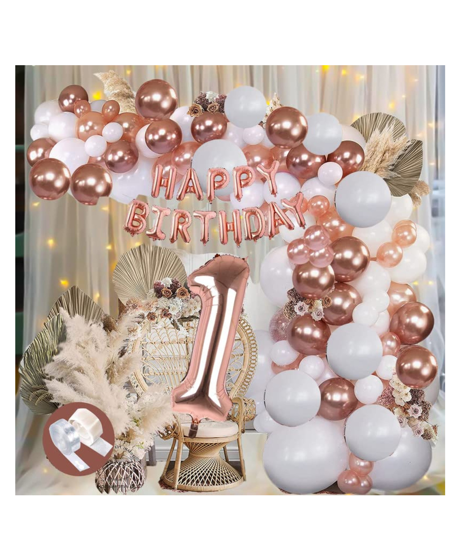 Bubble Trouble 1st Happy Birthday Rose Gold Theme Decoration Kit Items for Girls/Party Supplies/No.1 Foil Happy Bday Banner Rose Gold White Metallic Balloons Arch Gluedot/Backdrop Home Decor(Combo of 56pc)-picture-21