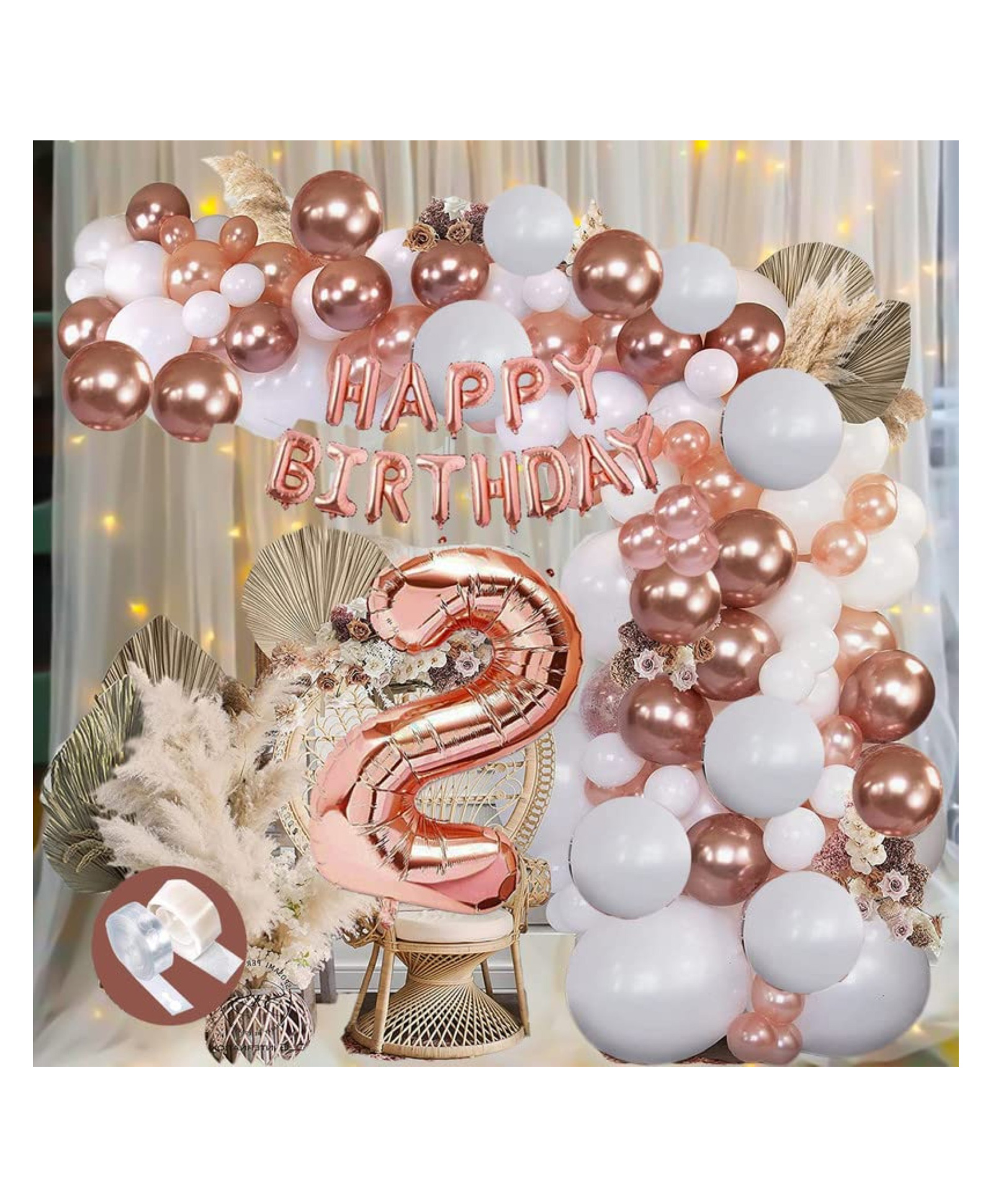 Bubble Trouble 2nd Rose Gold Theme Decoration Kit Items for Girls/Party Supplies/No.2 Foil Rose Gold White Metallic Balloons Happy Bday Banner Arch Gluedot/Backdrop Home Decor(Combo of 56pc)-picture-32