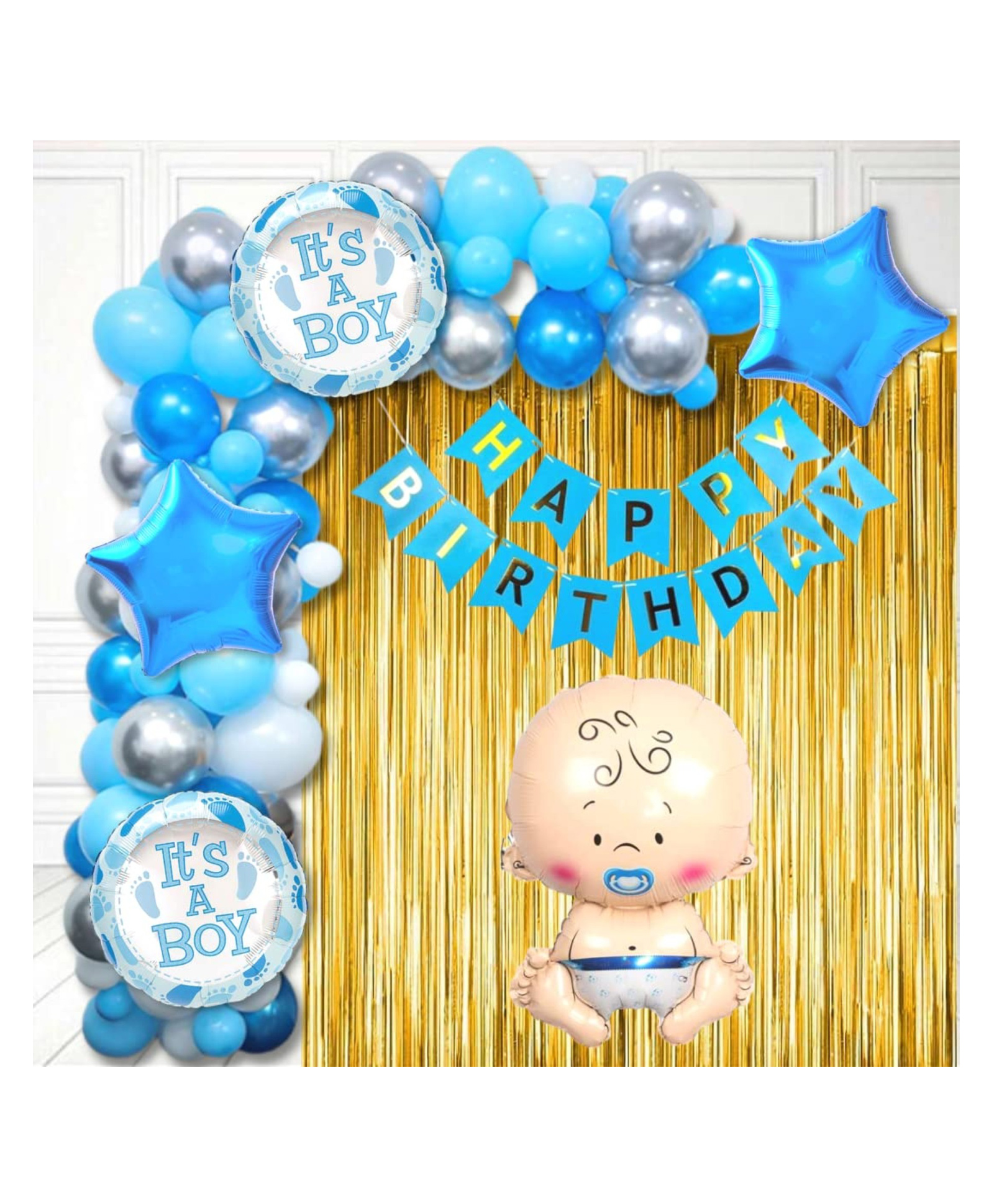 Bubble Trouble Baby Boy Theme Decoration Combo for Boys & Girls Theme Birthday Party with Metallic Balloons | Baby Boy Foil Balloons | Star Foil | Balloon Arc | Glue Dots ( Pack of 70) (Baby Boy)-image-7
