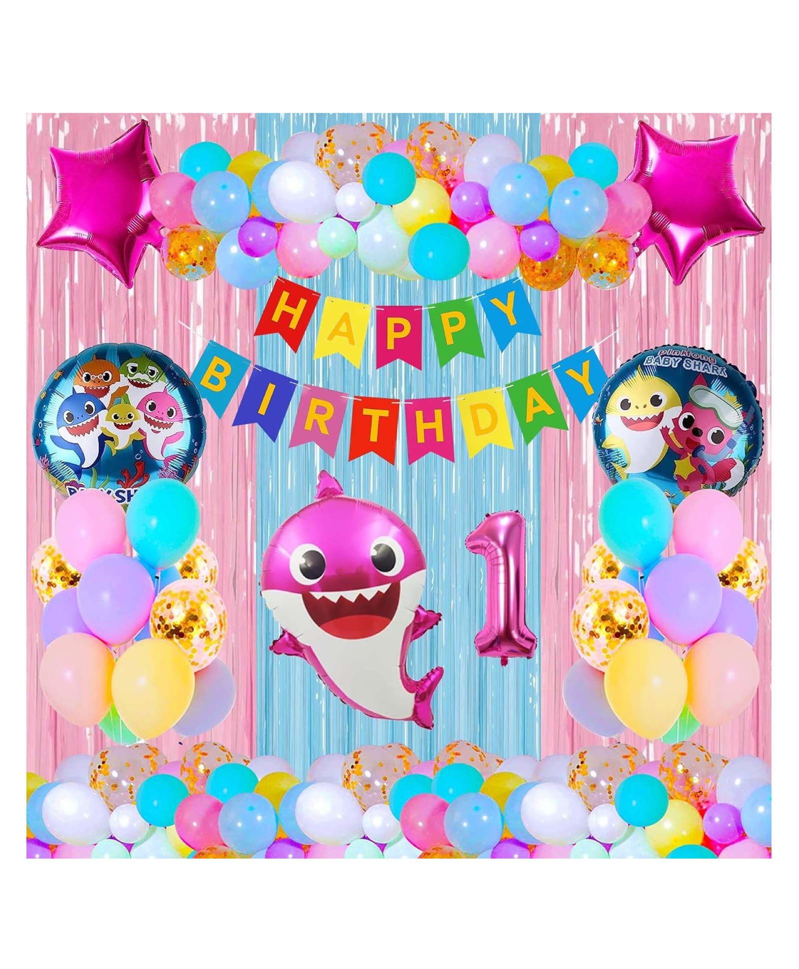 Bubble Trouble Baby Shark Theme First 1st Birthday Decoration Items for Girls Party Decoration Kit Balloon Combo Multicolor - Pack of 40-image-27