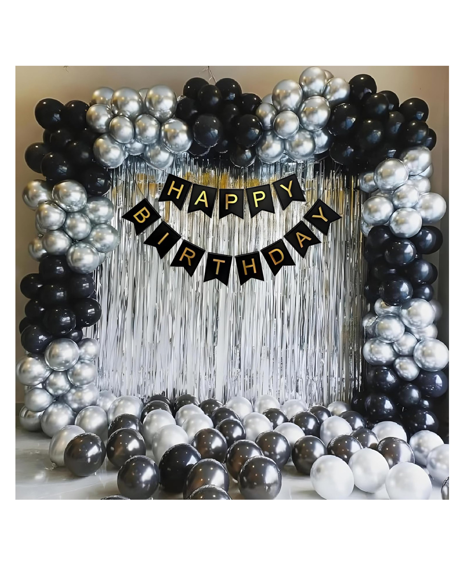 Bubble Trouble Happy Birthday Balloon Decoration Kit Black & Silver Balloons 50 Piece 1 Happy Bithday Banner 2 Silver Curtains | Birthday Decoration Kit - Pack of 53-image-35