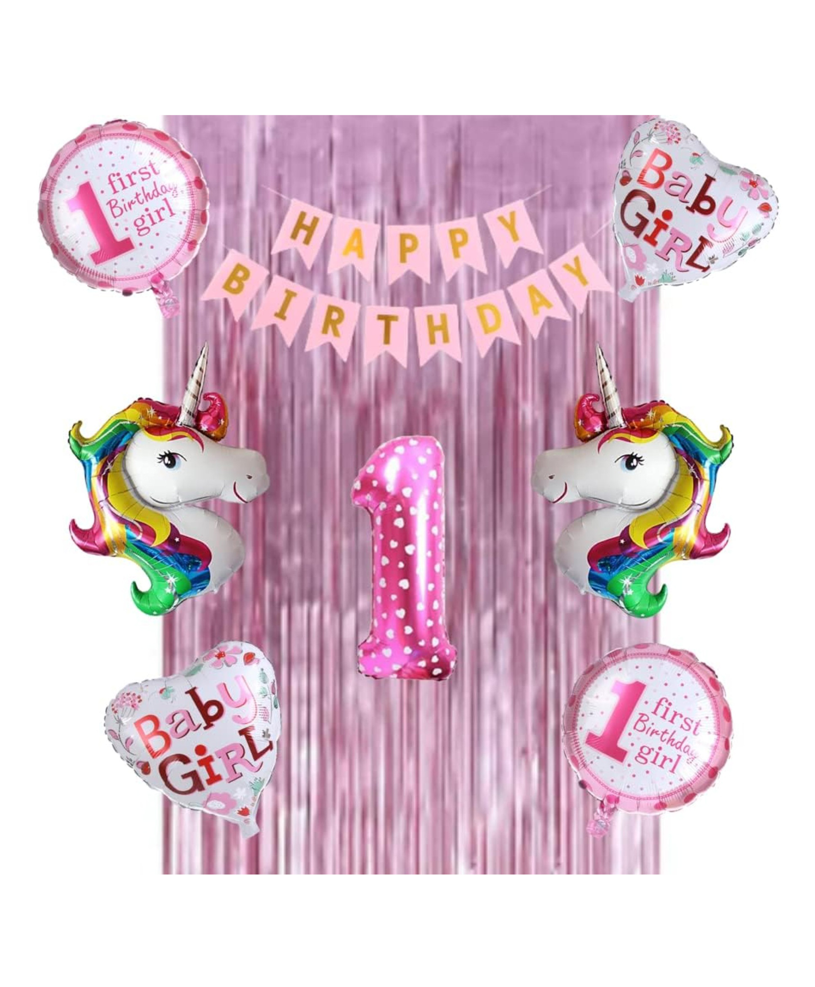Bubble Trouble 1st Birthday Decoration for Girls Combo Kit Heart Round Unicorn Theme Balloons Curtain Happy Birthday Decoration Set for Kids Room Decor for Girls - Pack of 21-image-47