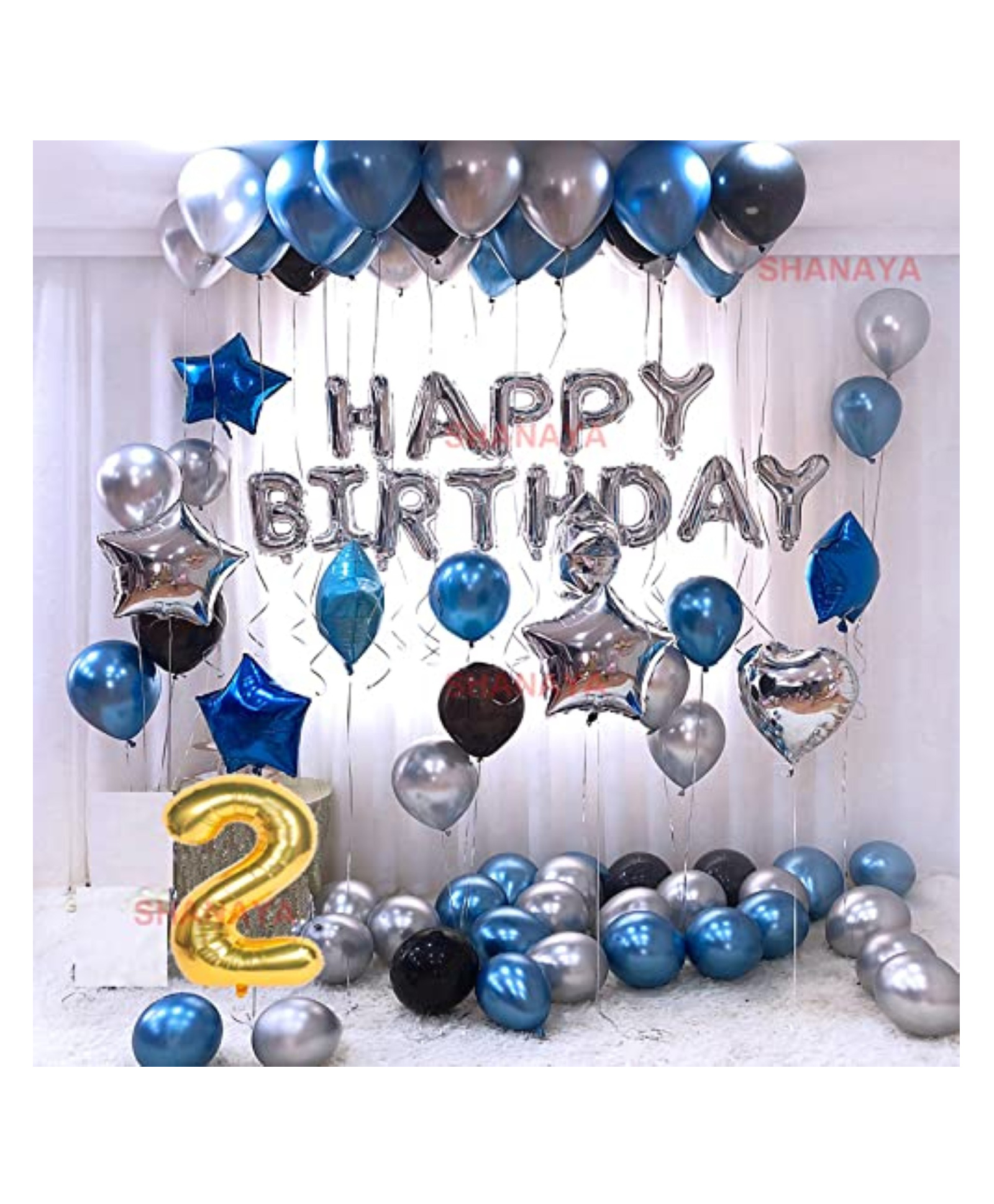Bubble Trouble Birthday Decoration Items| 2nd Birthday Decoration For Girls Boys Husband Wife| Birthday Decoration Set Kit| 60Pcs Includes Happy Birthday Silver Foil Blue Black Silver Metallic Balloons No2 Foil-image-42