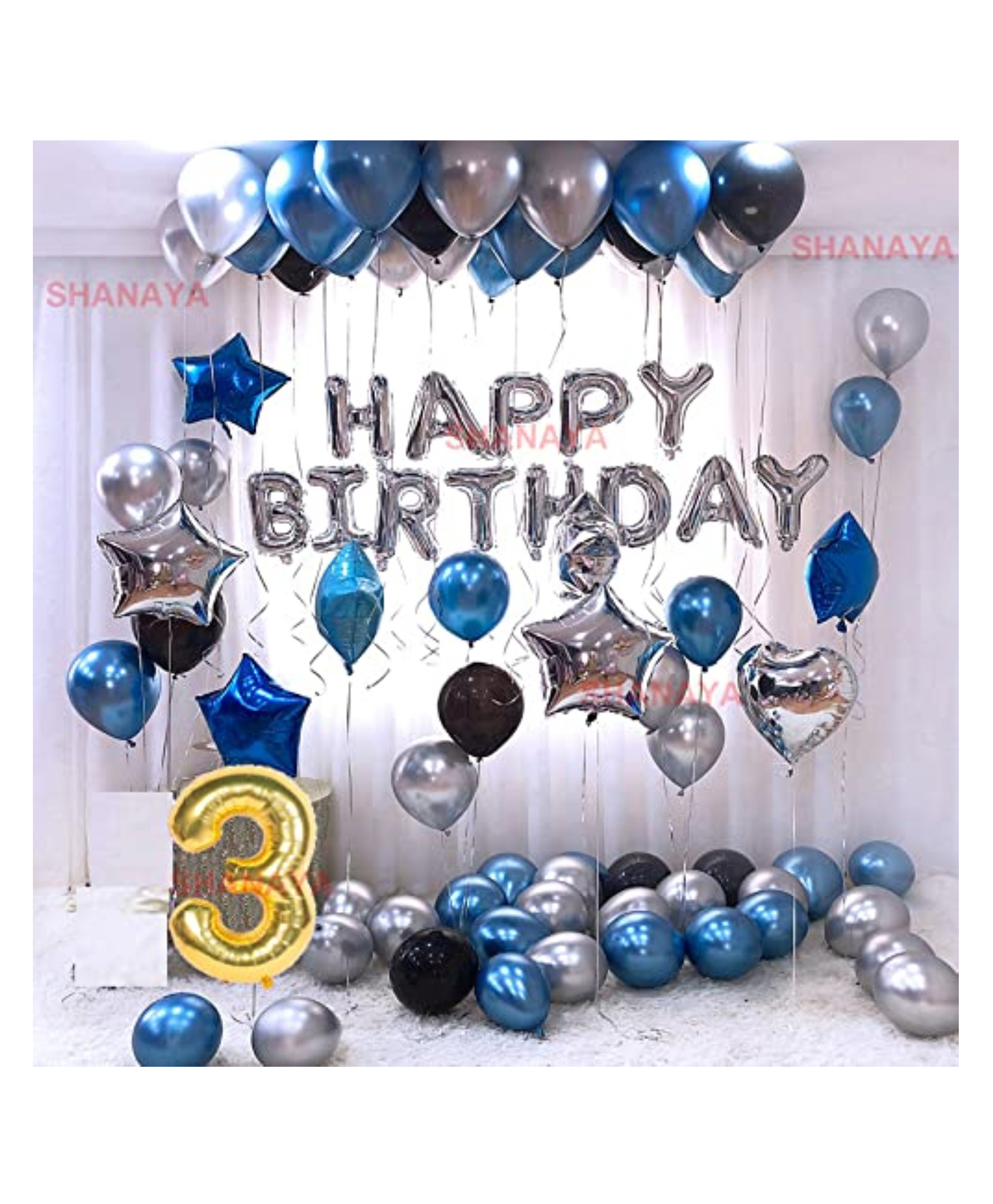 Bubble Trouble Birthday Decoration Items| 3rd Birthday Decoration For Girls Boys Husband Wife| Birthday Decoration Set Kit| 60Pcs Includes Happy Birthday Silver Foil Blue Black Silver Metallic Balloons No3 Foil-image-43