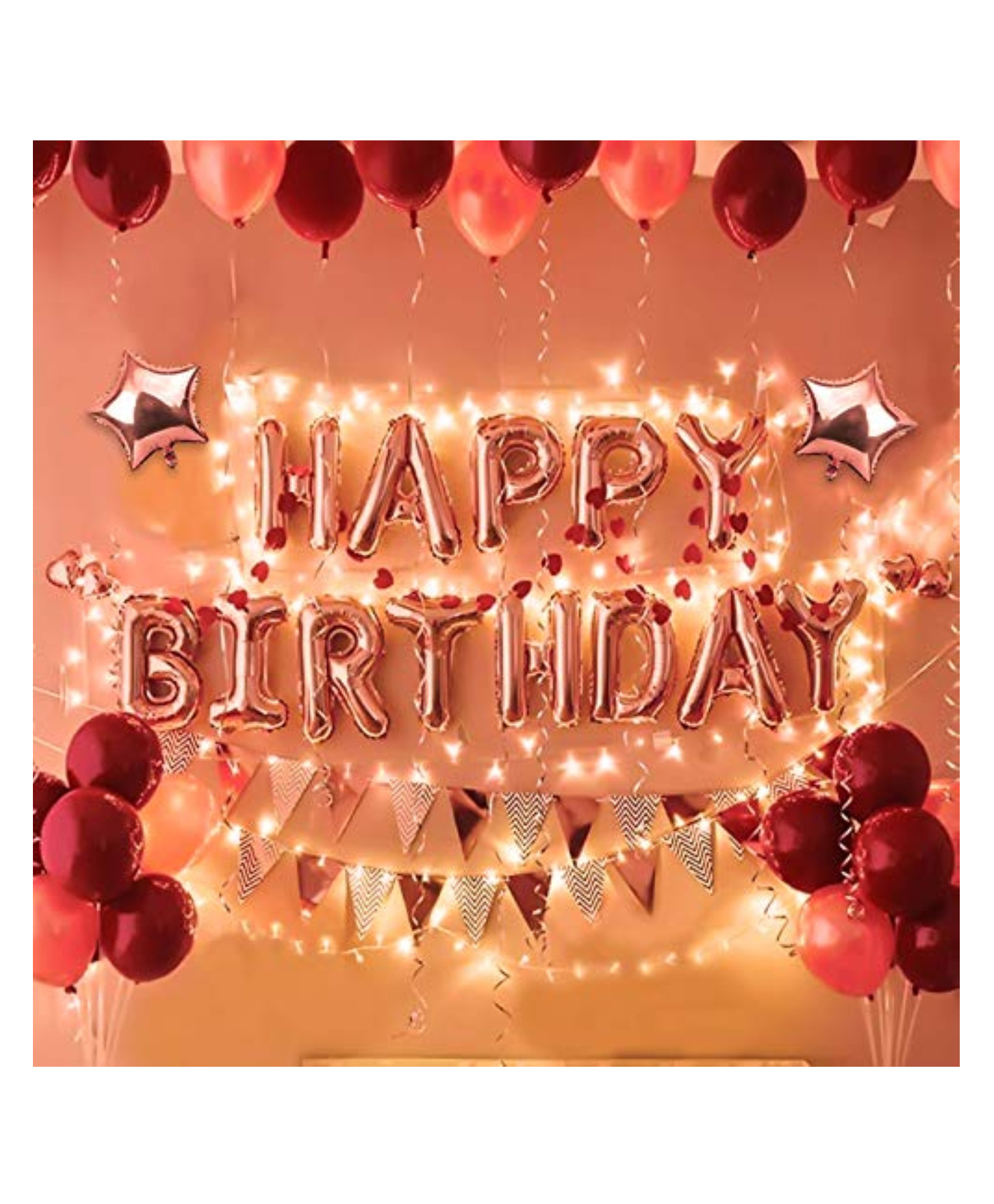 Bubble Trouble Rose Gold Birthday Decorations Items 58 Pcs Combo Foil Happy Birthday Banner (cardstock) | Happy Birthday Led Lights | Star Shape Foil Balloons | Rose Gold Metallic Balloons-picture-11
