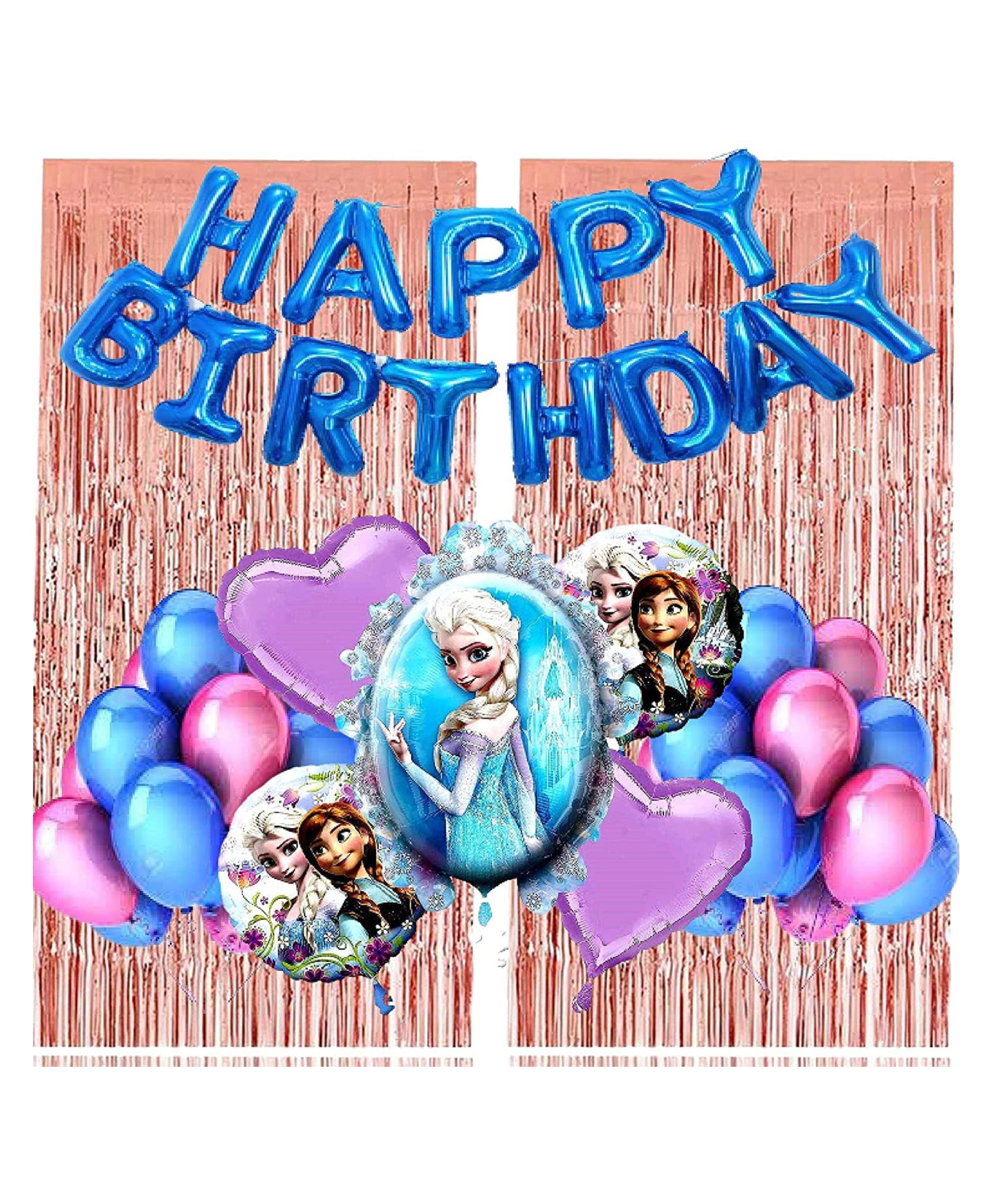 Bubble Trouble Princess Foil Balloon Kit With Happy Birthday Banner Party Decoration/"Frozen Elsa" Theme Event / 2 Rose Gold Fringes/ 30 Pcs Of Blue & Pink Balloons/Decoration Kit(Set Of 50)-picture-20