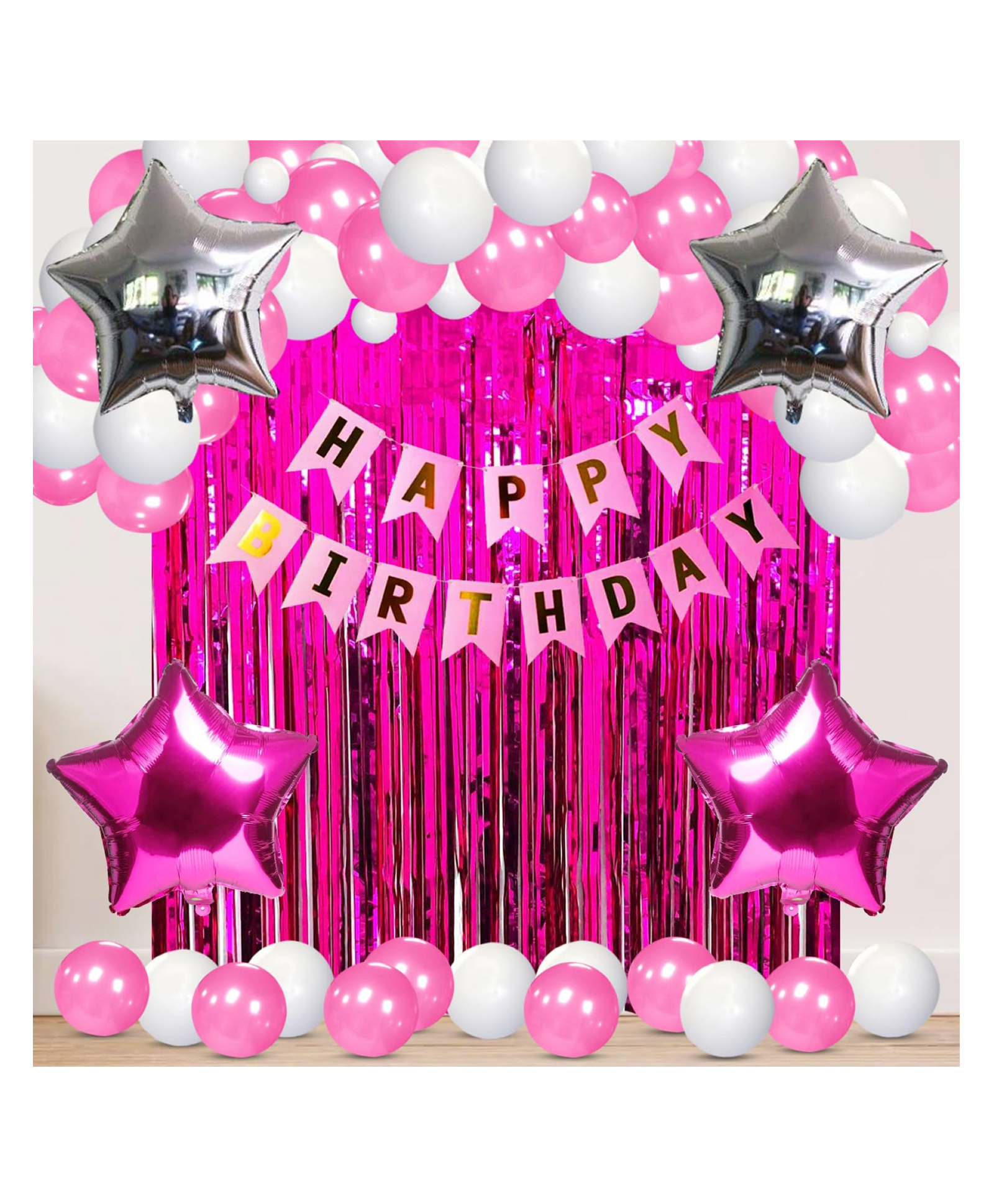 Bubble Trouble 47 Pcs with Foil Curtain/Pink & Silver Star Foil Baloons/Happy BirthDay Paper Banner Balloons for Kids Baby Girl Gifts Set (Pink & White)-image-35