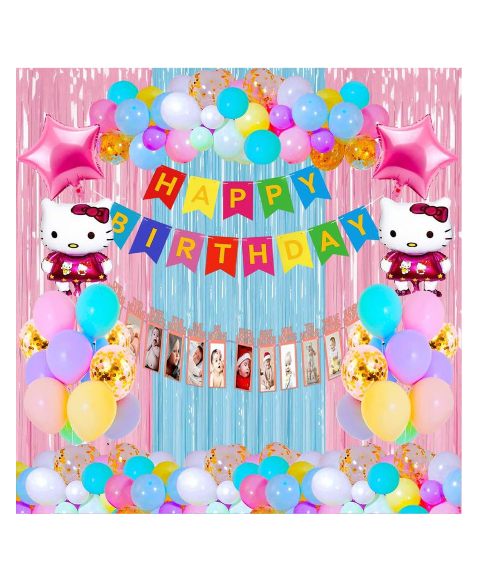 Bubble Trouble Happy Birthday Hello Kitty Theme Combo Items With Picture Hanging Paper Photo Bannner Pastel Balloons Curtain Shimmer For Little Kids Girl Birthday Party Decoration Set Pink Set of 39-picture-10