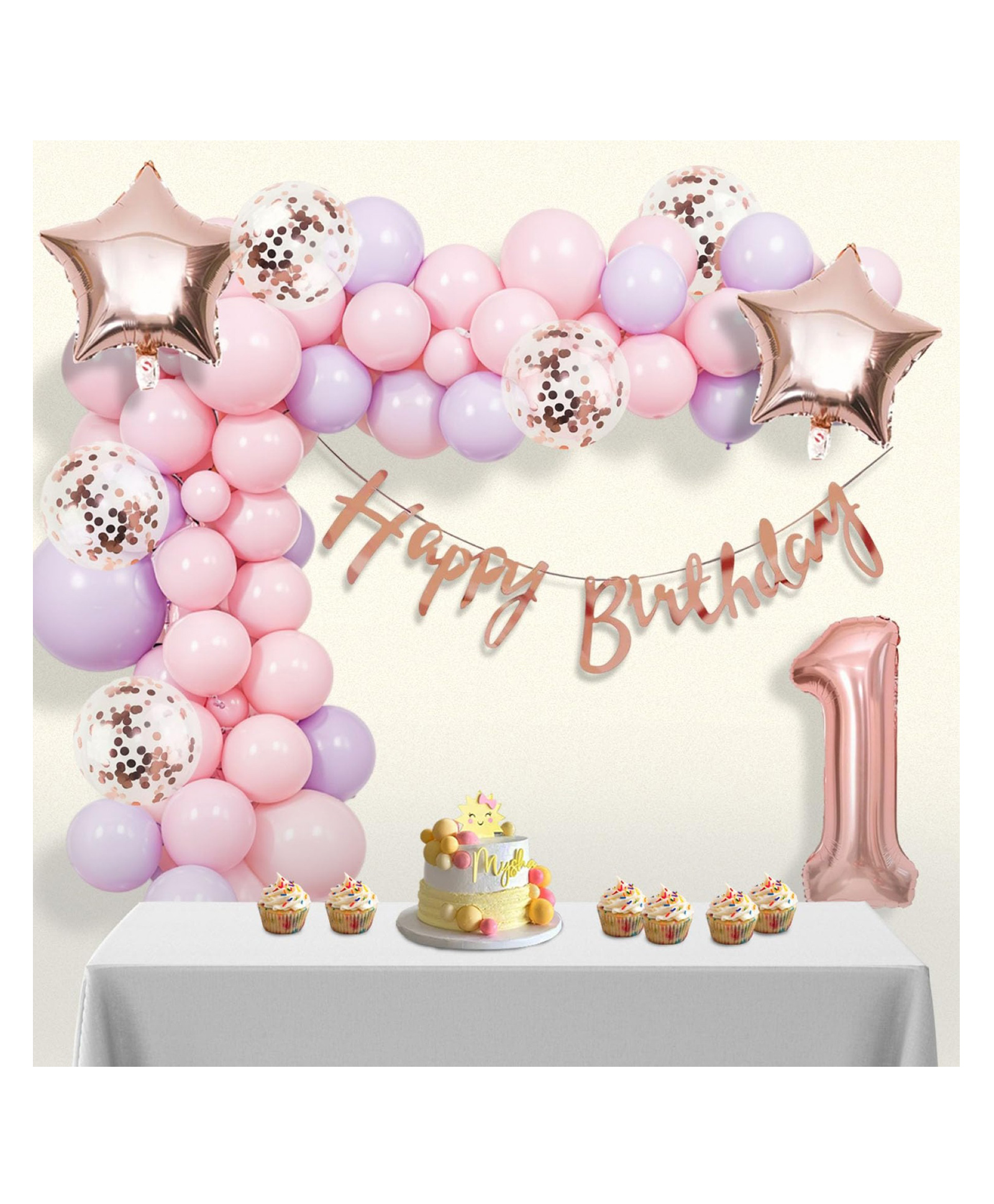Bubble Trouble 1st Birthday Decoration Items 39 Pcs | Rose Gold Happy Birthday Banner (Cardstock) | Happy Birthday Decoration Kit | 1st Birthday Decorations Items | First Birthday Decoration Items-picture-30