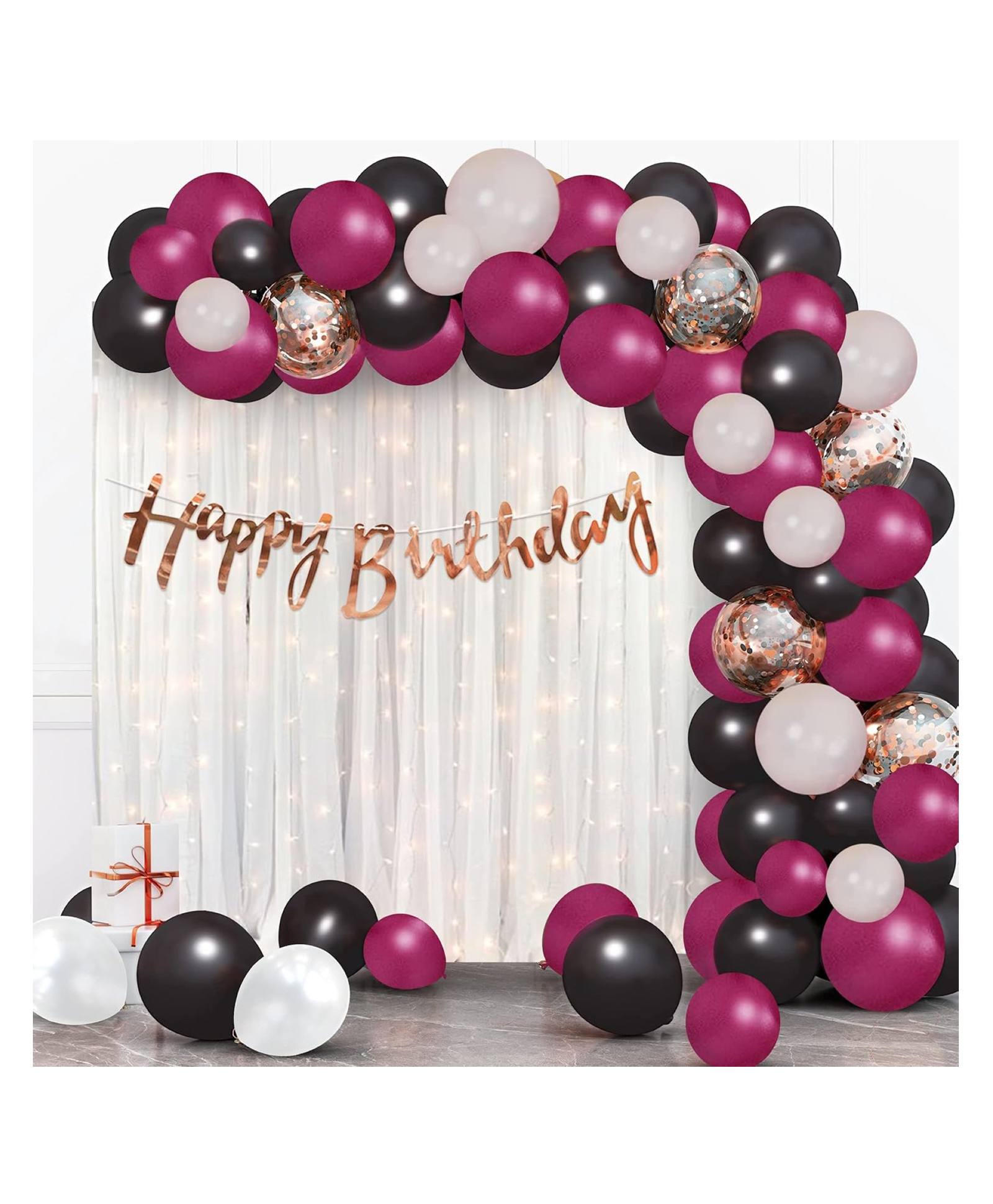Bubble Trouble Black & Maroon Birthday Decoration Items 72Pcs Happy Birthday Decoration Kit with Metallic Balloons | Maroon & Black Decorations | DIY Combo Kit | Net Curtains | Balloon Arch Strip-image-46