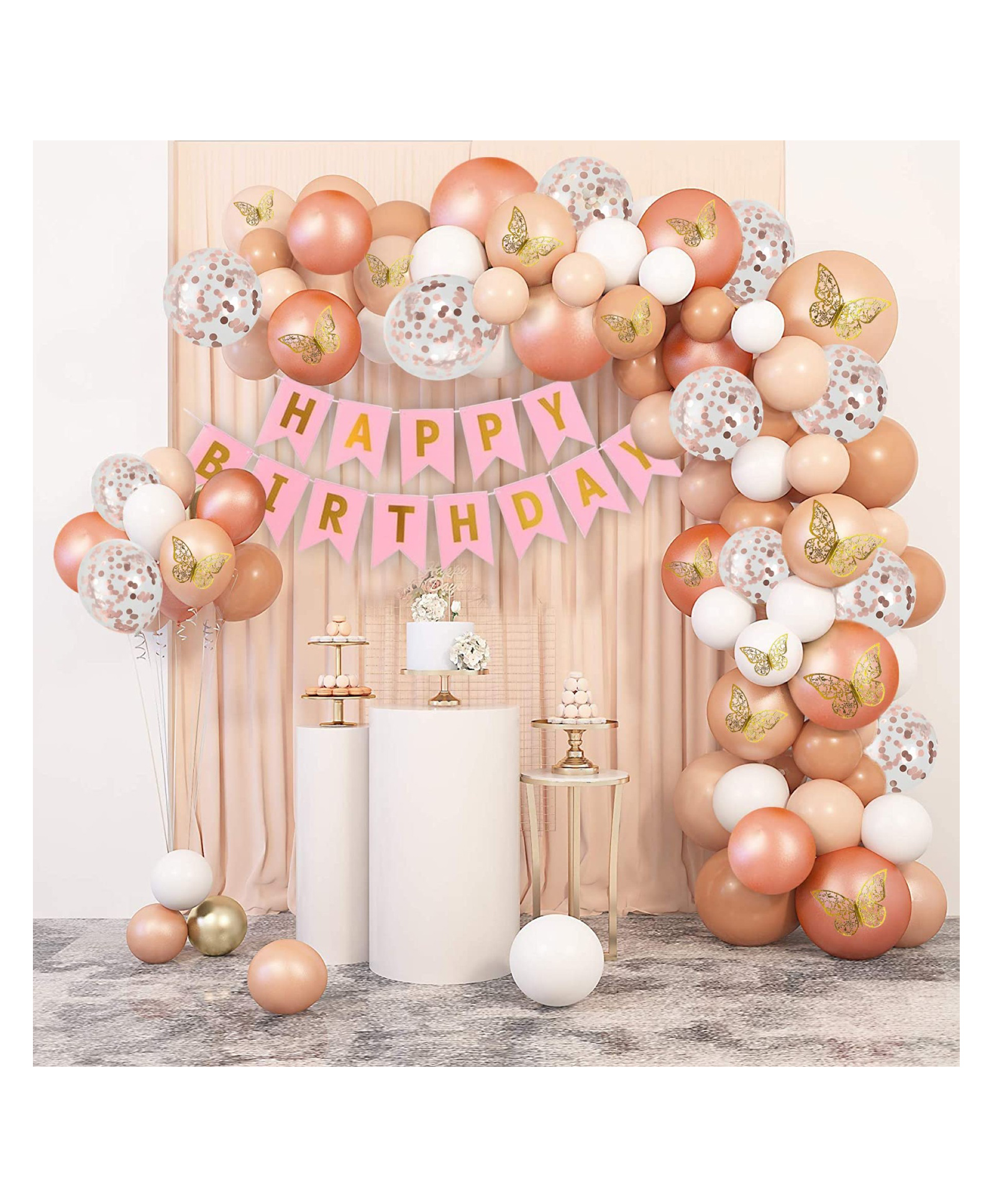 Bubble Trouble Rose Gold Birthday Decoration Items Pack of 74Pcs with Golden 3D Butterflies | Birthday Decorations for Girls | With Rose Gold Confetti Balloons | Pink Happy birthday Banner (Cardstock)-picture-15