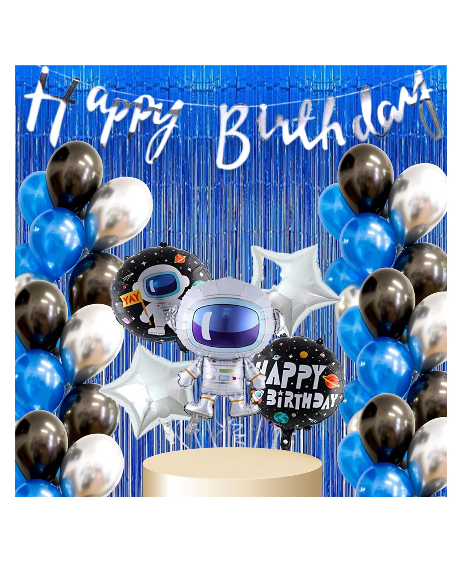 Bubble Trouble Astronaut Theme Birthday Decoration set of 52pc Balloon 45 Blueblack & silver metallic balloonsAstronaut theme foil balloon set of 51 Happy Birthday banner1pc Blue Curtain-image-12