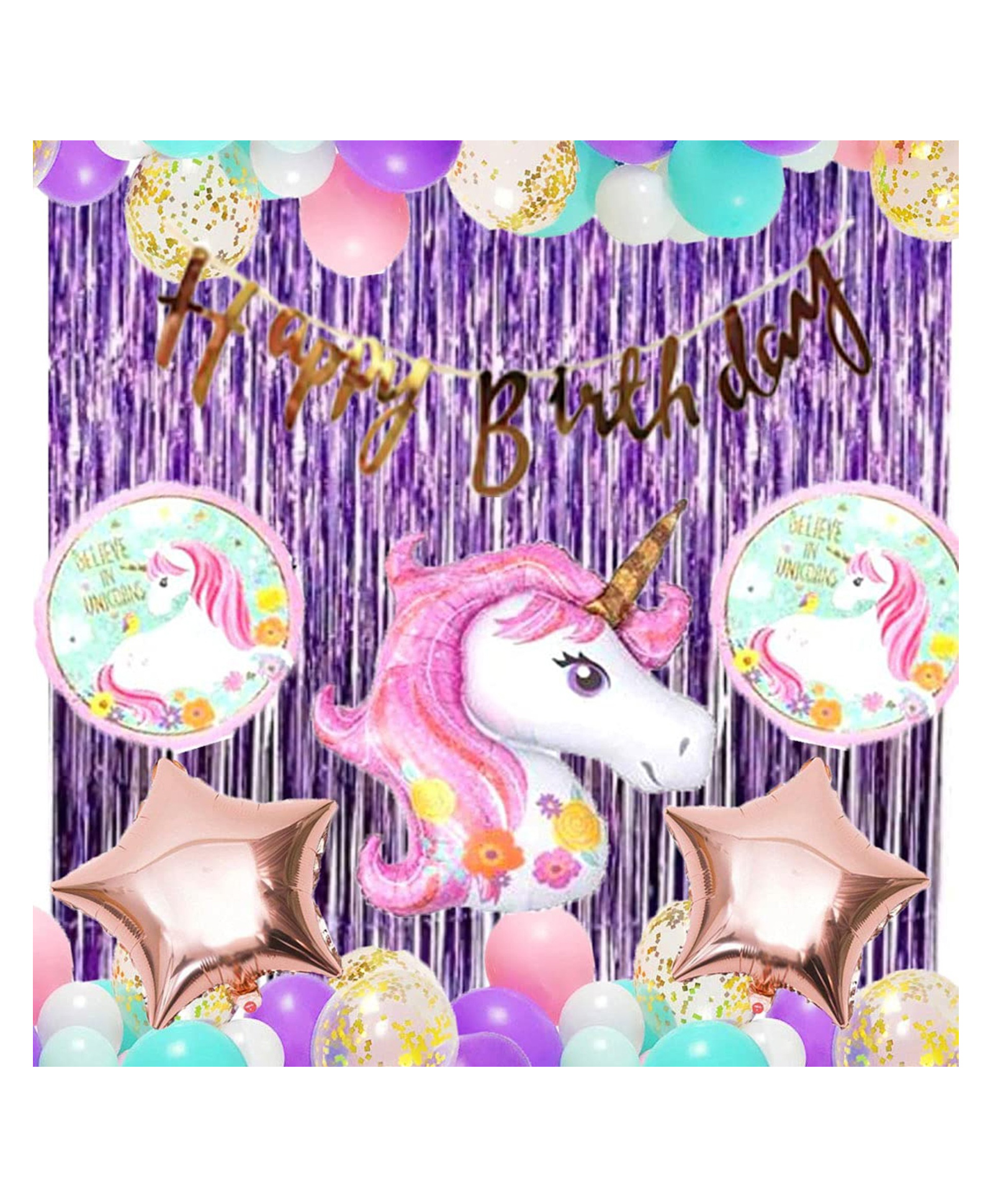 Bubble Trouble rosegold blue pink white happy birthday Unicorn Theme Party decoration Supplies Combo 52Pcs Foil Balloon Unicorn Balloon Star curtain For Girls Birthday Party Decoration-picture-28