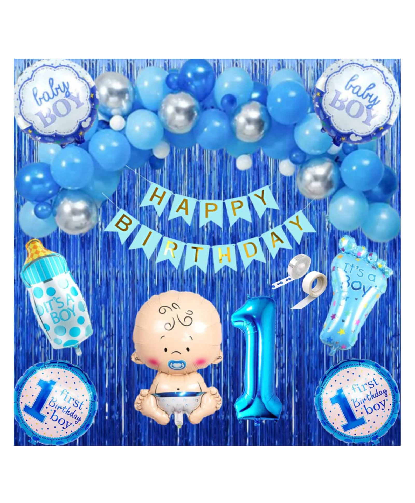 Bubble Trouble 53 pcs Happy 1st Birthday Decoration Kit for Baby Boy Foil Metallic Balloons First Birthday Decorations Boy 1 Year Bday Decorations Items Balloon Arch Garland (Pack of 53 Blue)-image-25