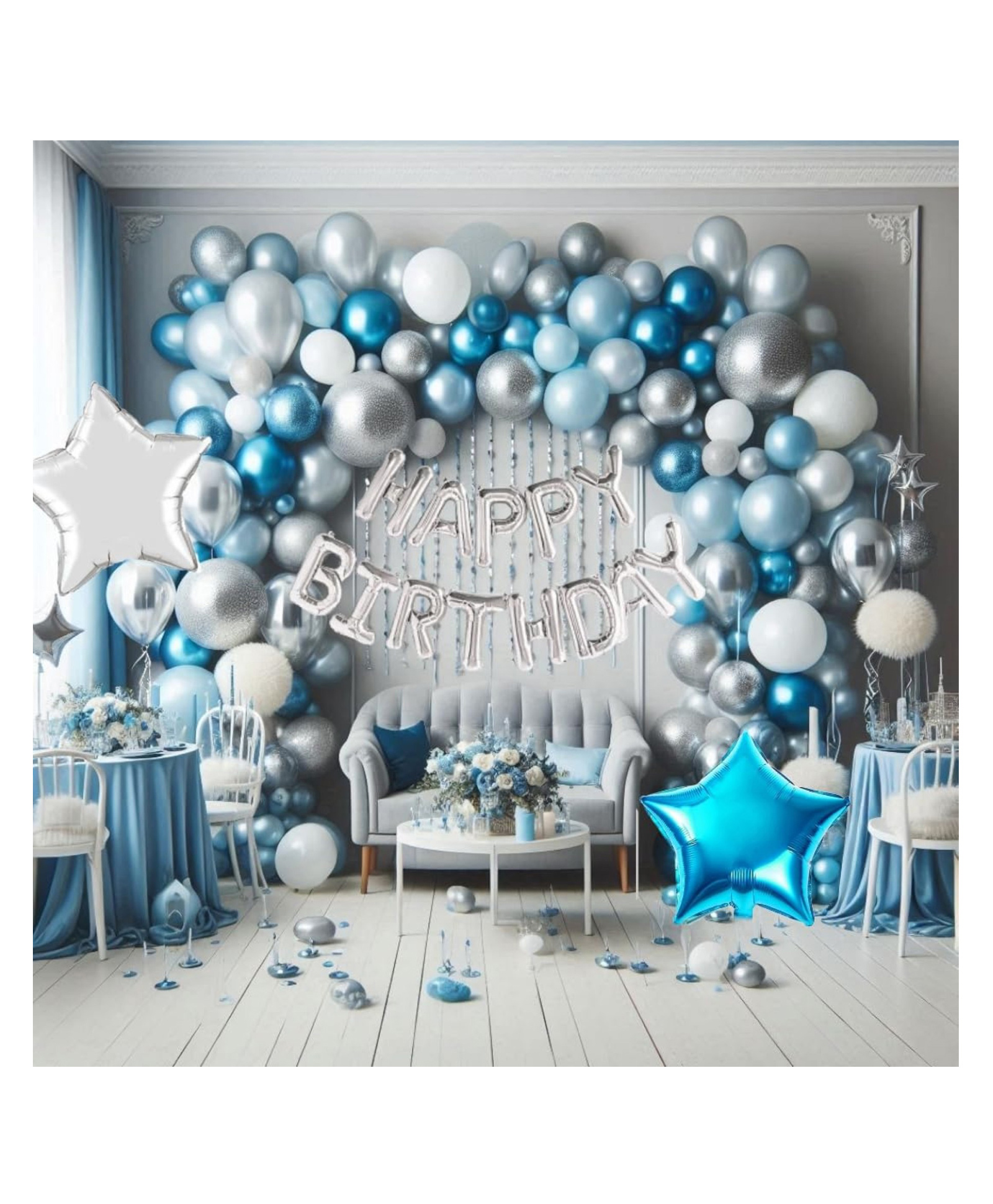 Bubble Trouble Combo of 45 Balloons Happy Birthday BannerArch & Dot Tape & gold Curtain. (OCEAN BLUE WHITE AND SILVER)-image-8