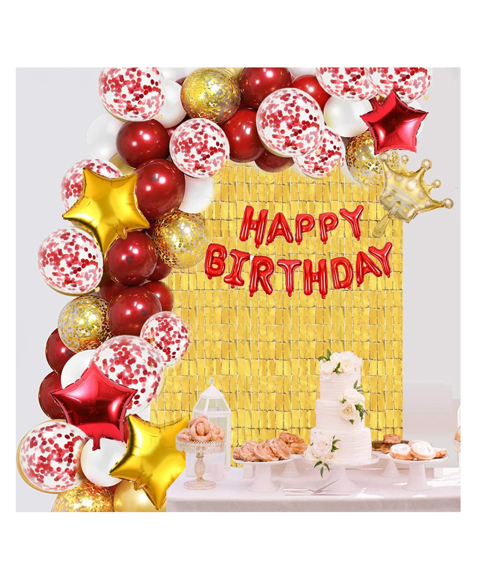 Bubble Trouble Happy Birthday Combo Set for Perfect Birthday Party Red Birthday Foil Balloon Red Gold Star Foil Balloon Ribbon Confetti & Metallic Balloon Box foil Golden Curtain Set of 59 Pcs-image-32