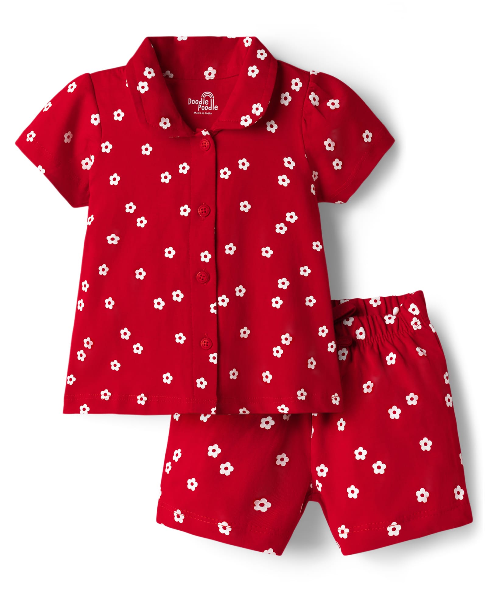 Doodle Poodle 100% Cotton Knit Half Sleeves Shorts Co-Ord Night Suit With Floral Print - Red-image-12