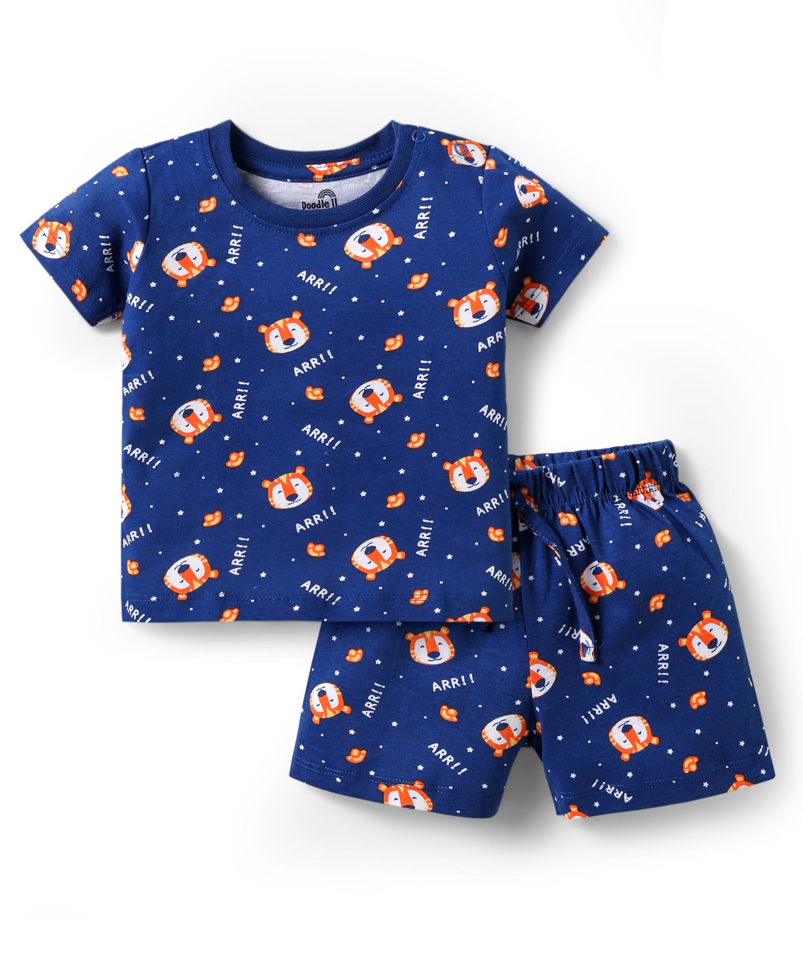 Doodle Poodle 100% Single Jersey Knit Cotton Half Sleeves Co-ords Shorts Night Suit With Tiger Print - Navy Blue-image-10