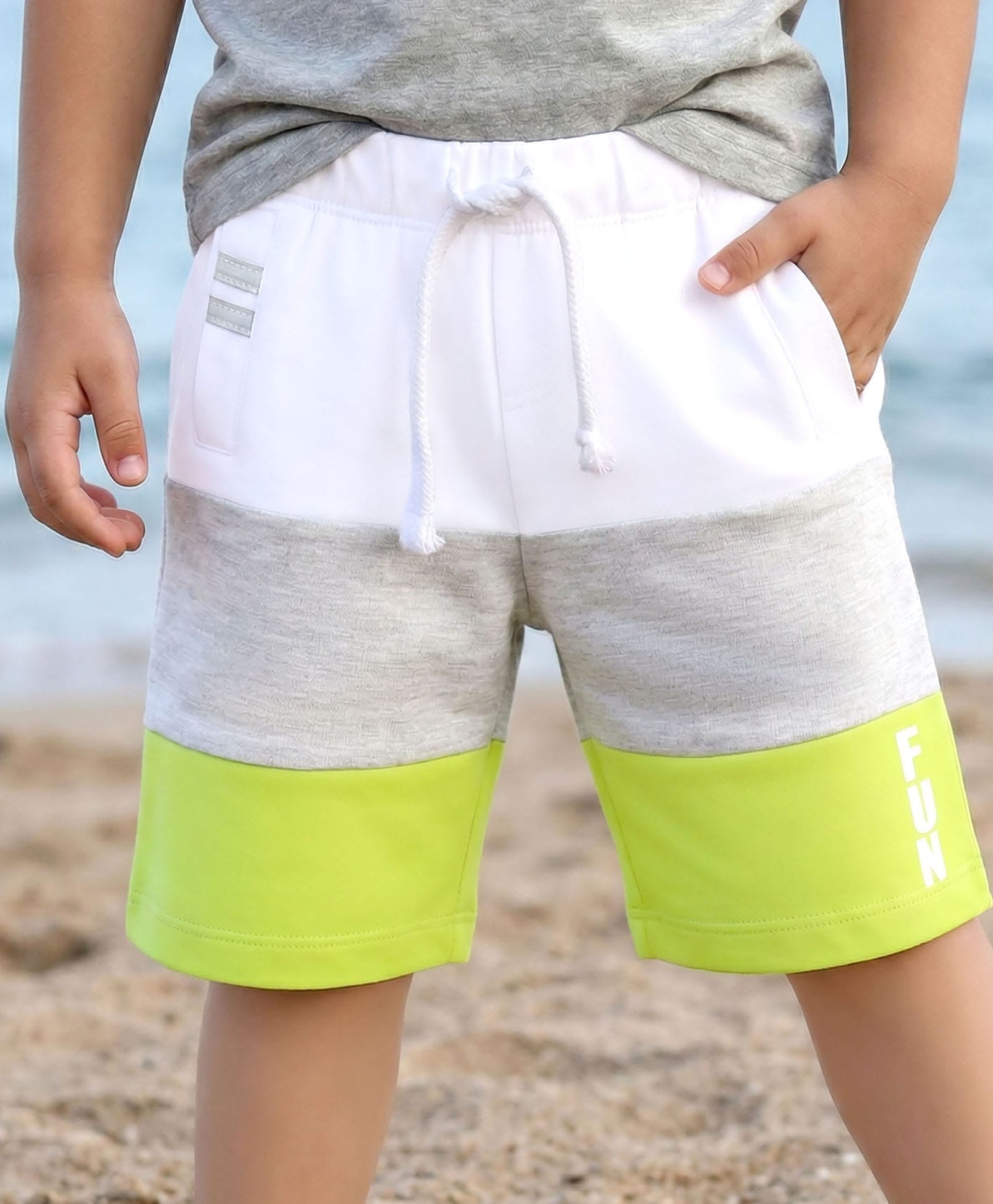 Babyhug Cotton Knit Mid Thigh Cut & Sew Shorts with Tape Detailing - White & Grey-picture-21