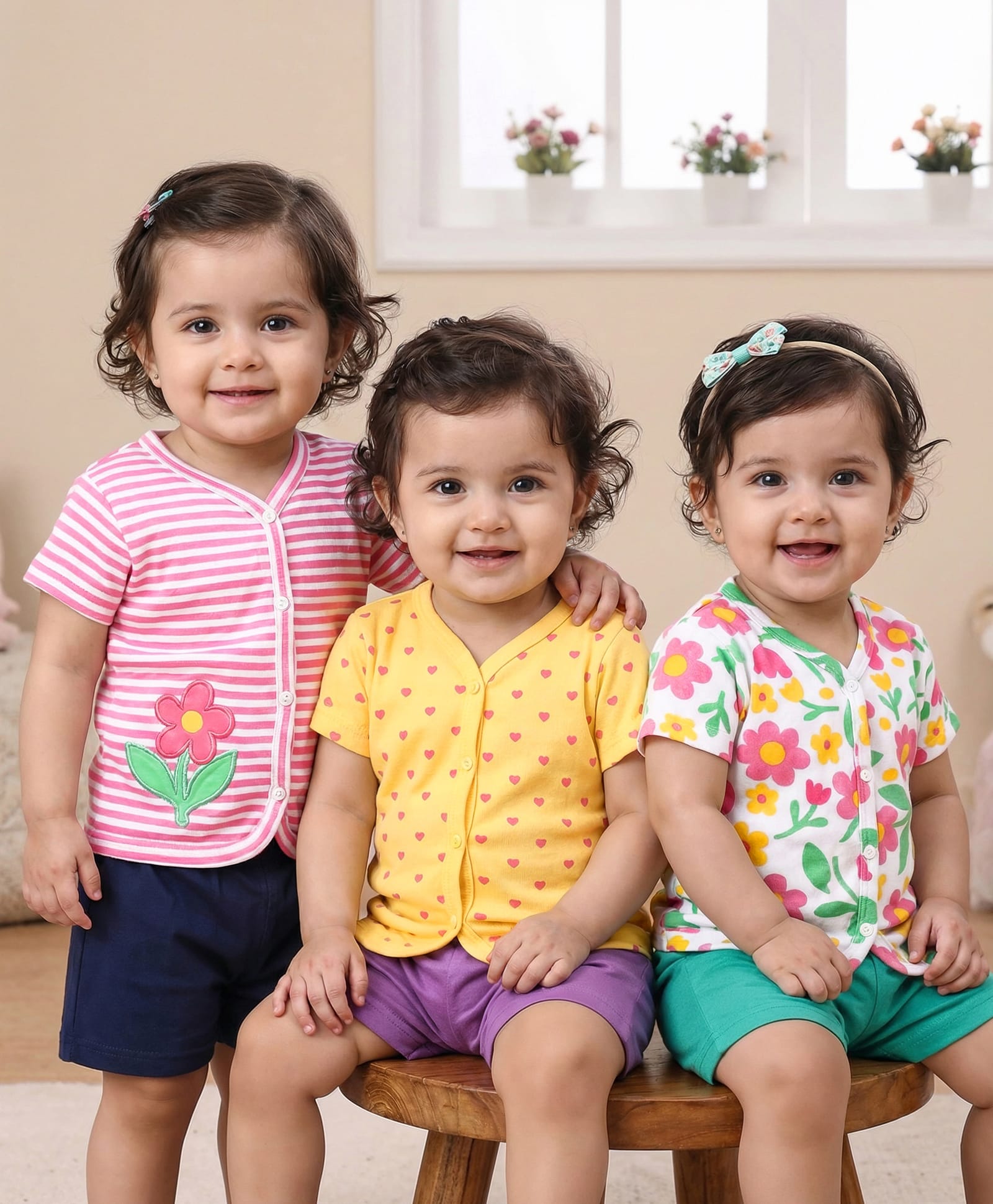 Babyhug Interlock Knit Half Sleeves Front Open Antibacterial Vests With Stripes Floral & Heart Print Pack Of 3 - Pink Yellow & White