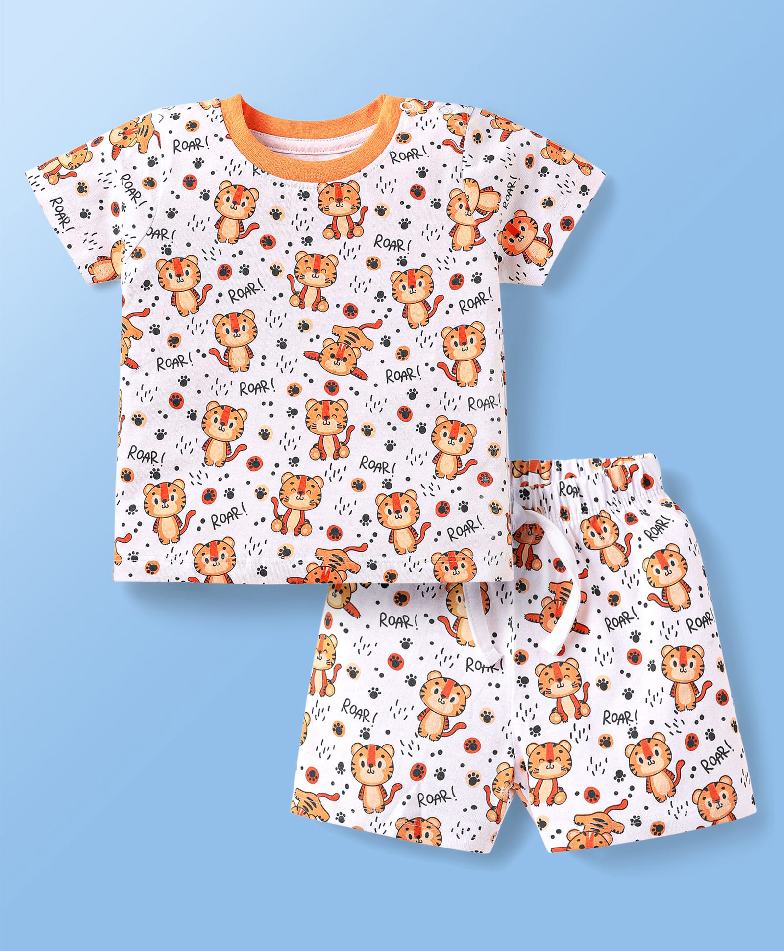 Doodle Poodle Single Jersey KnitHalf Sleeves Shorts Co-ord Night Suit With Roar & Animal Print - White-image-15