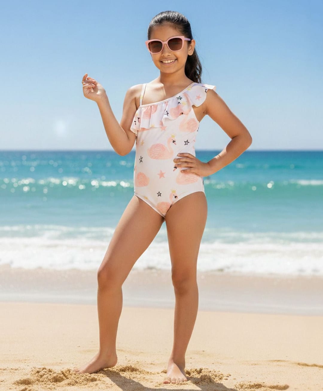 The Mom Store Sleeveless Flamingo Printed Swimsuit - White-image-44