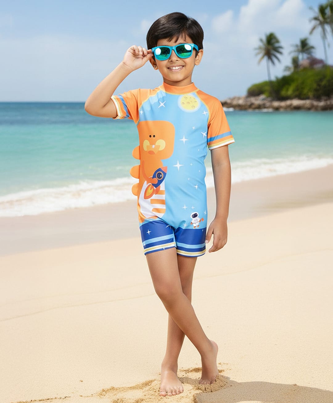 The Mom Store Half Sleeves Space Theme Printed Swimsuit With Swimming Cap Set - Blue & Orange-image-8