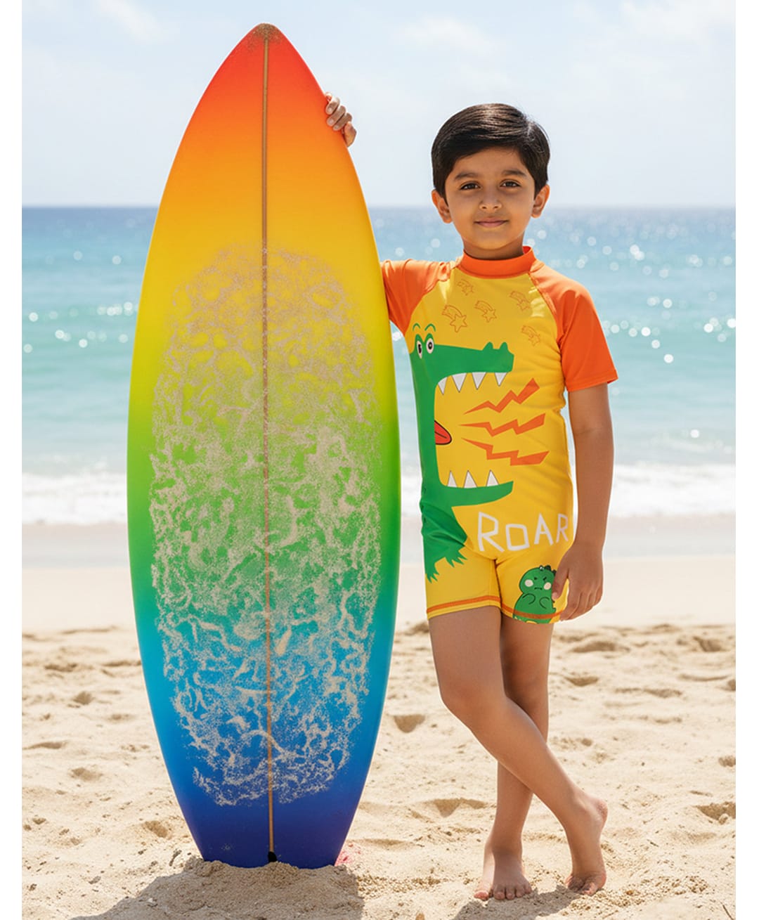The Mom Store Half Sleeves Dinosaur Printed Swimsuit With Swimming Cap Set - Yellow & Orange-image-27