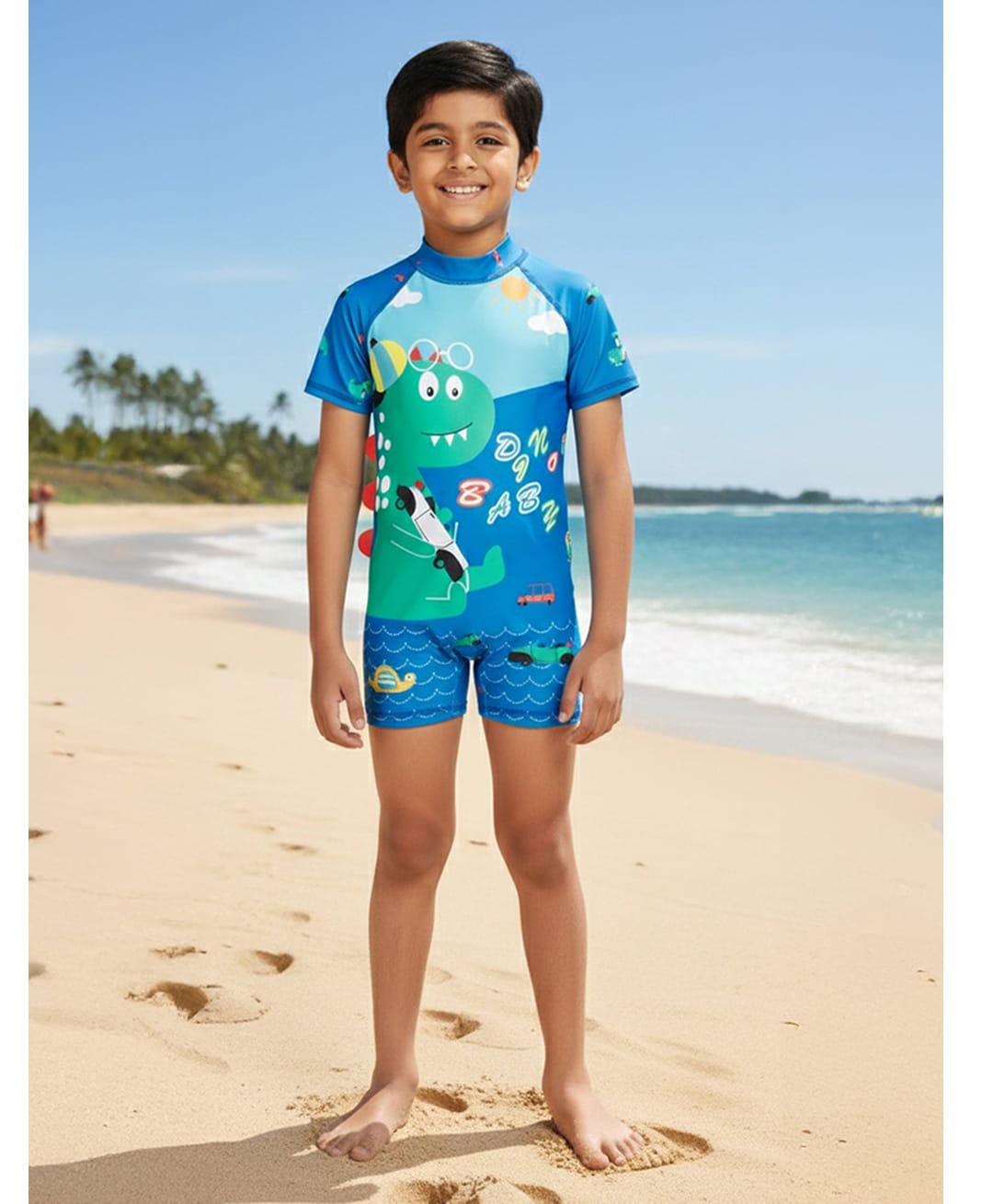 The Mom Store Half Sleeves Dinosaur Printed & Applique Detailed Swimsuit With Cap - Blue-picture-33