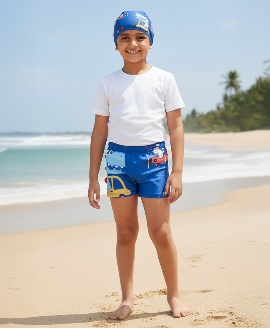 The Mom Store Dinosaur Printed Swim Shorts & Cap Set - Blue-image-40