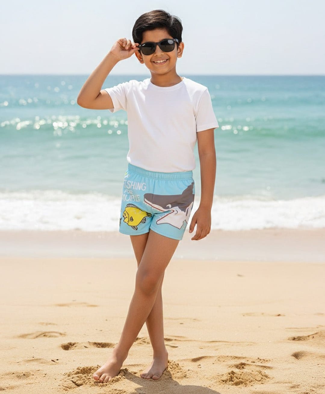 The Mom Store Shark Printed Swim Shorts & Cap Set - Light Blue-image-0