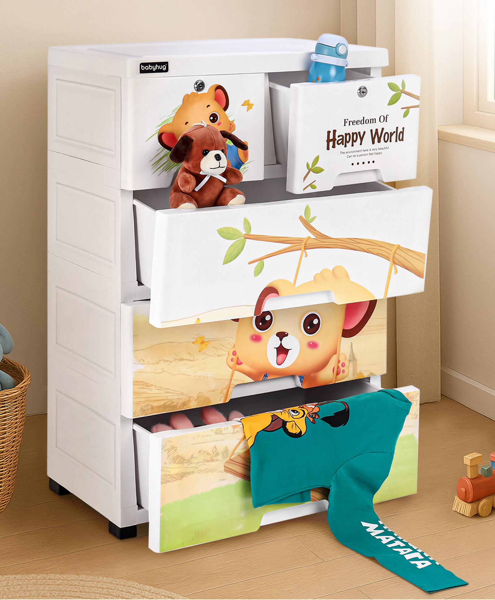 Babyhug 4 Layers High Density Plastic Storage Cabinet Baby Lion Print With Wheels - White-image-42