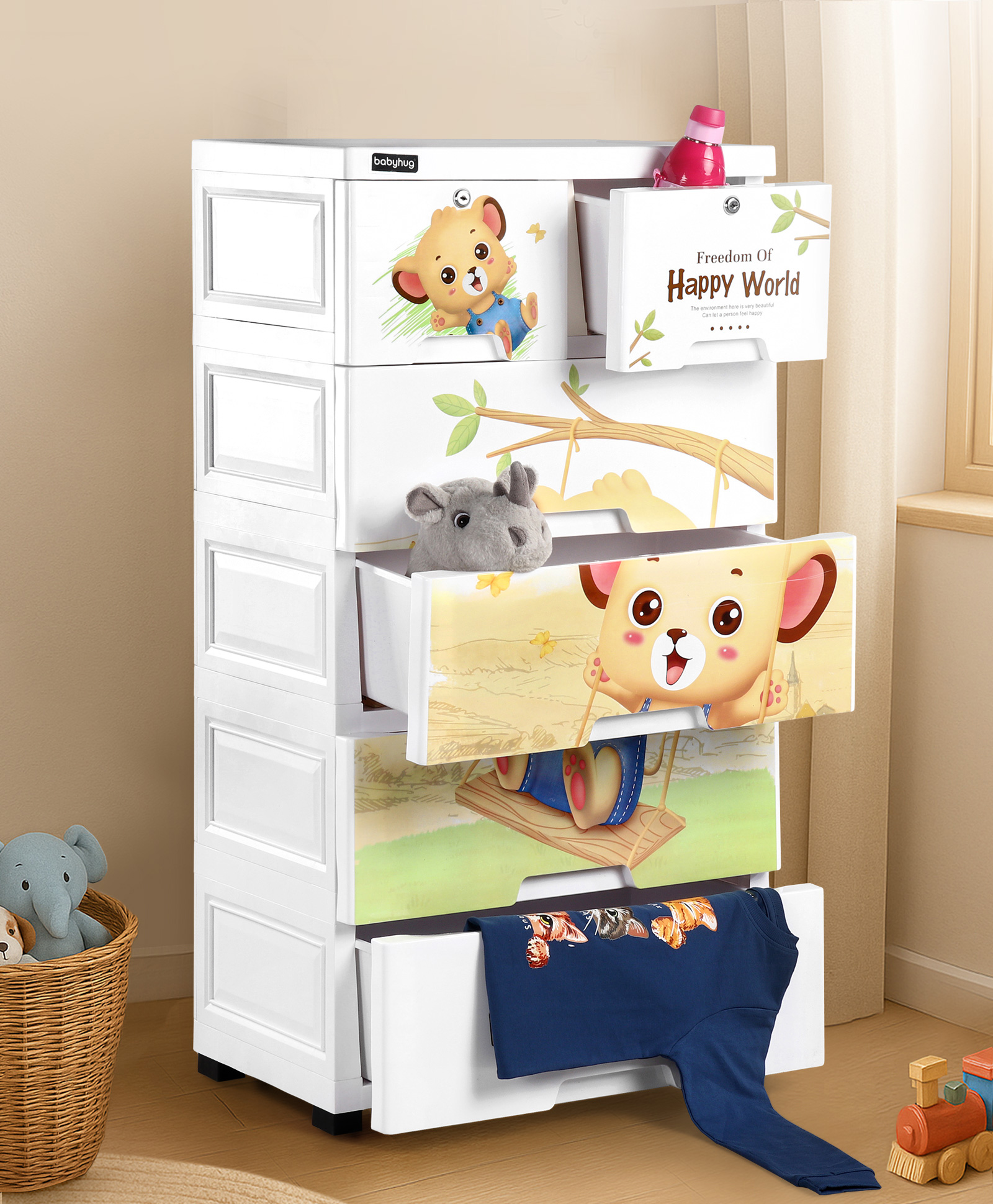 Babyhug 5 Layers High Density Plastic Storage Cabinet Baby Lion Print With Wheels - White-image-45