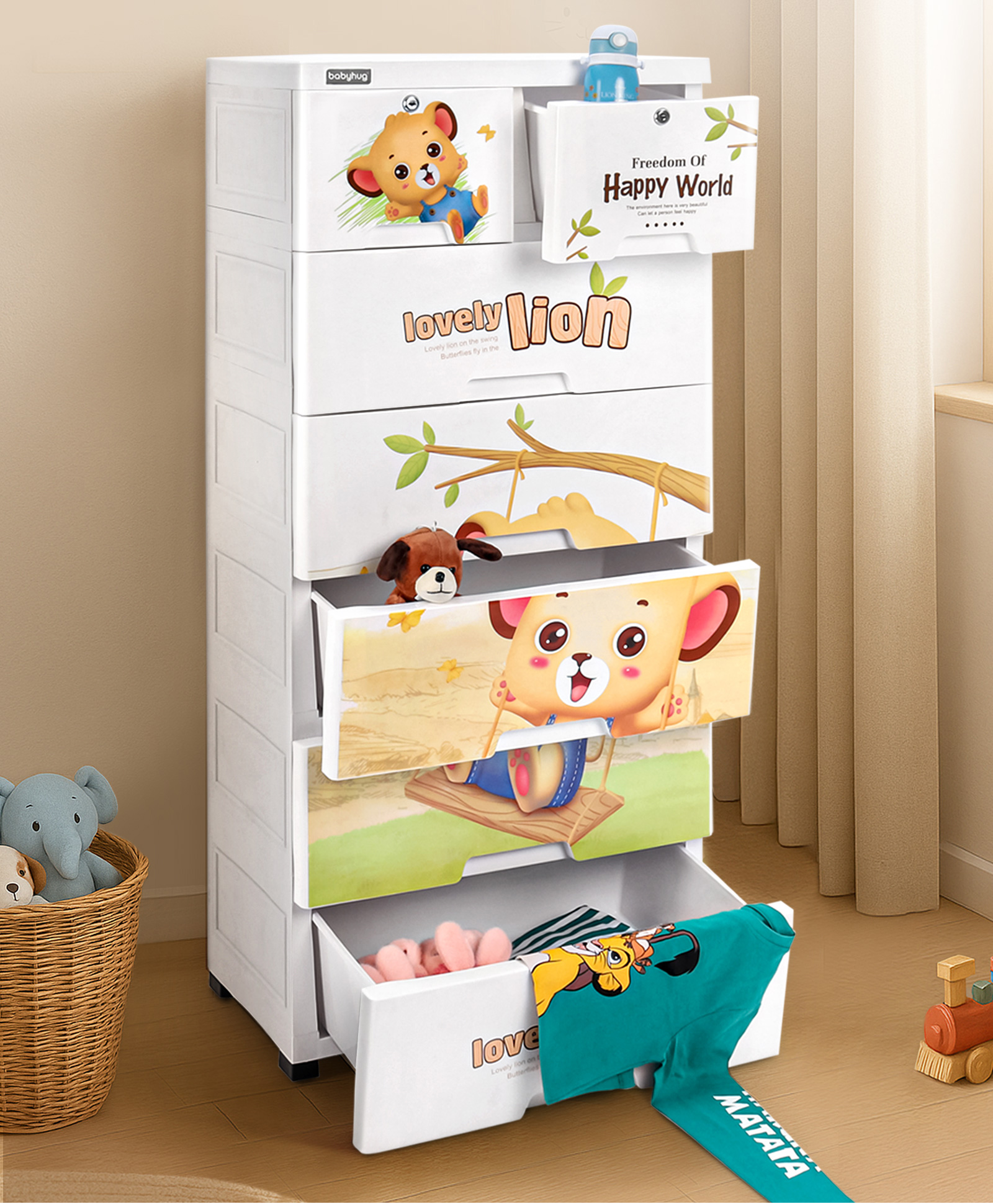 Babyhug 6 Layers High Density Plastic Storage Cabinet Baby Lion Print With Wheels - White-image-49