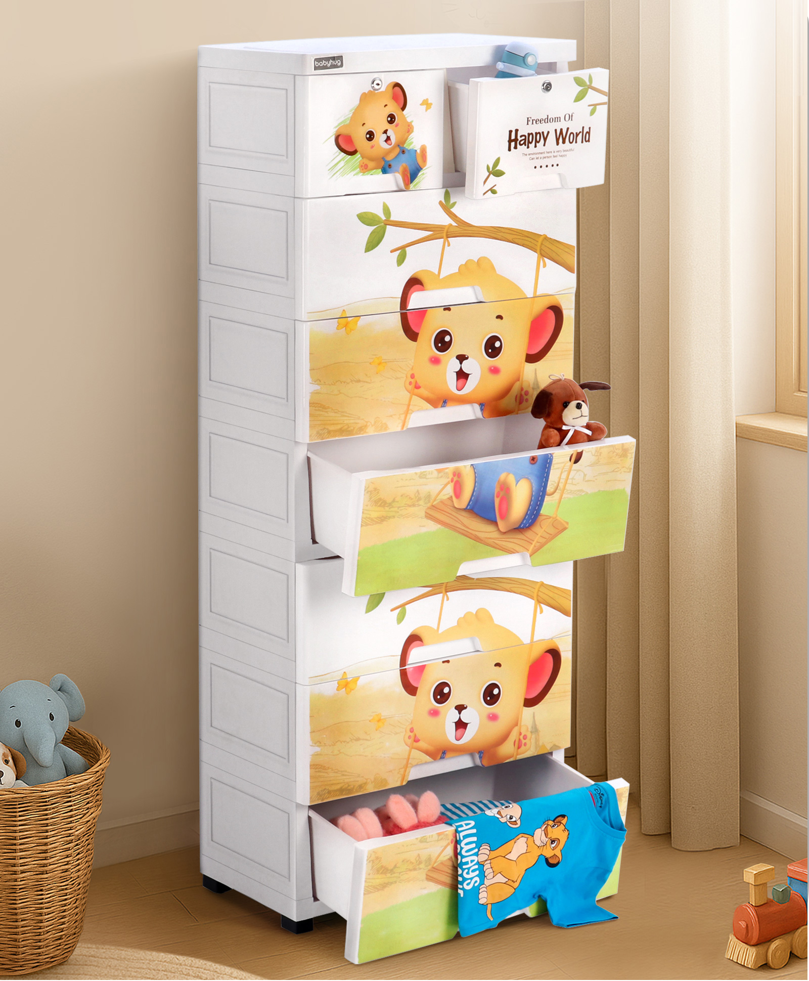 Babyhug 7 Layers High Density Plastic Storage Cabinet Baby Lion Print With Wheels - White
