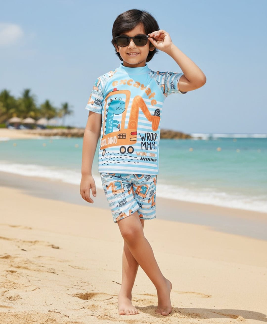 The Mom Store Half Raglan Sleeves Striped & Dinosaur Printed Coordinating Tee & Shorts With Cap Set - Blue-image-45