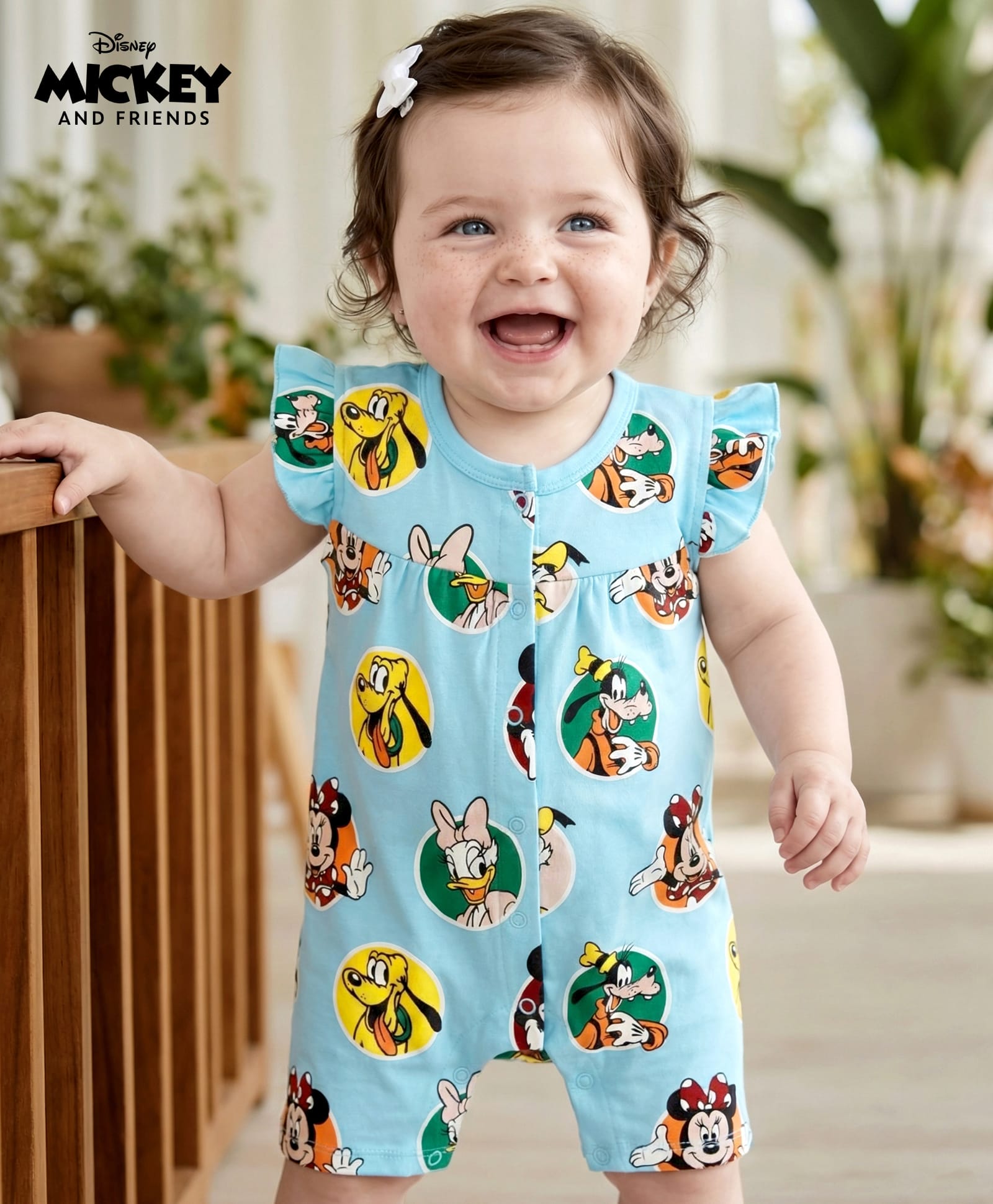 Babyhug Disney Interlock Knit Frill Sleeves Romper With Minnie & Friends Graphics - Light Blue-image-47