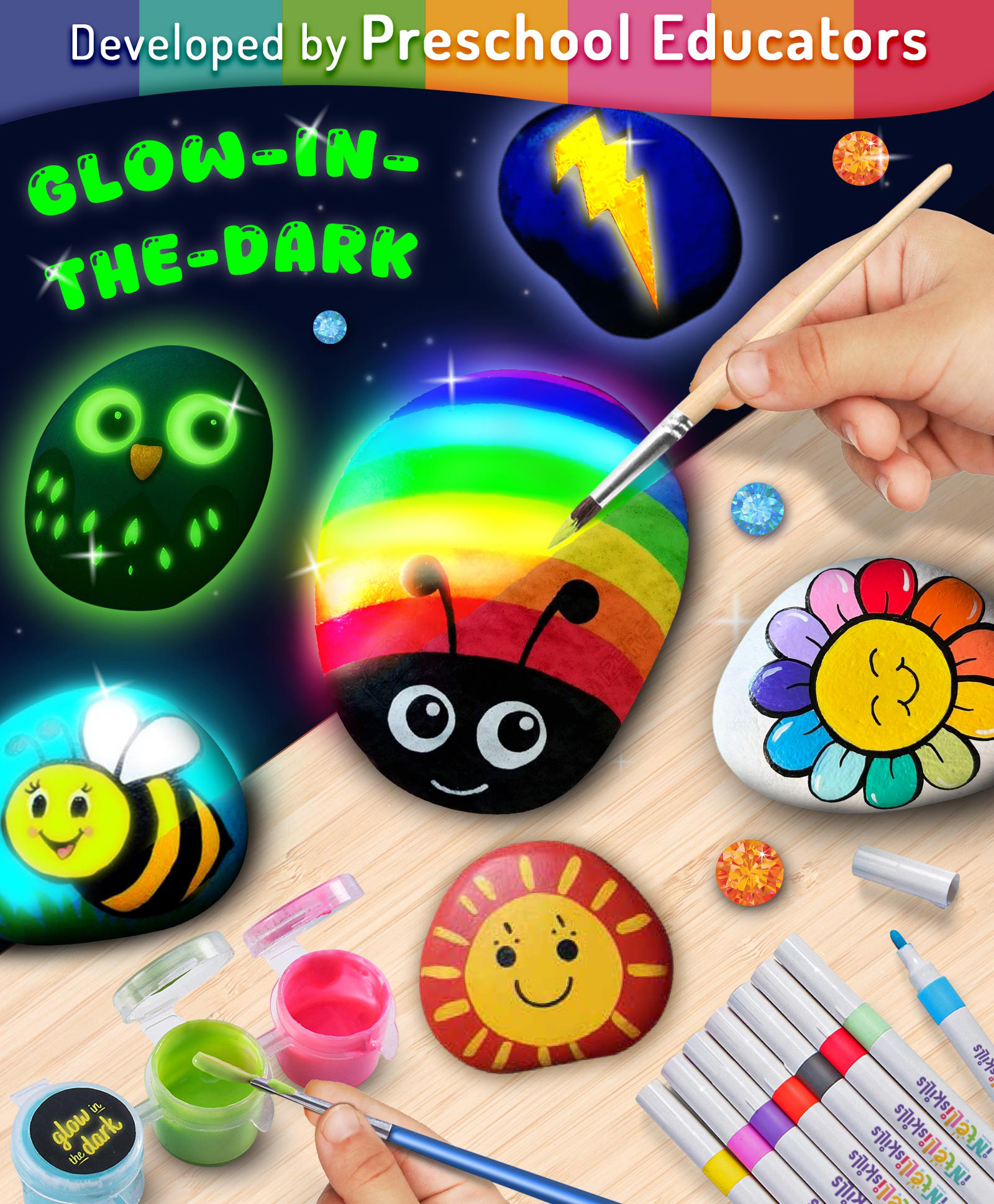 Intelliskills DIY Rockin' Glow in the Dark Art Set for Kids | Creative Activity Kit | Mess-Free | Boosts Focus & Hand Control | Multicolour | Ideal For Gifting | BIS Certified | Educator Recommended