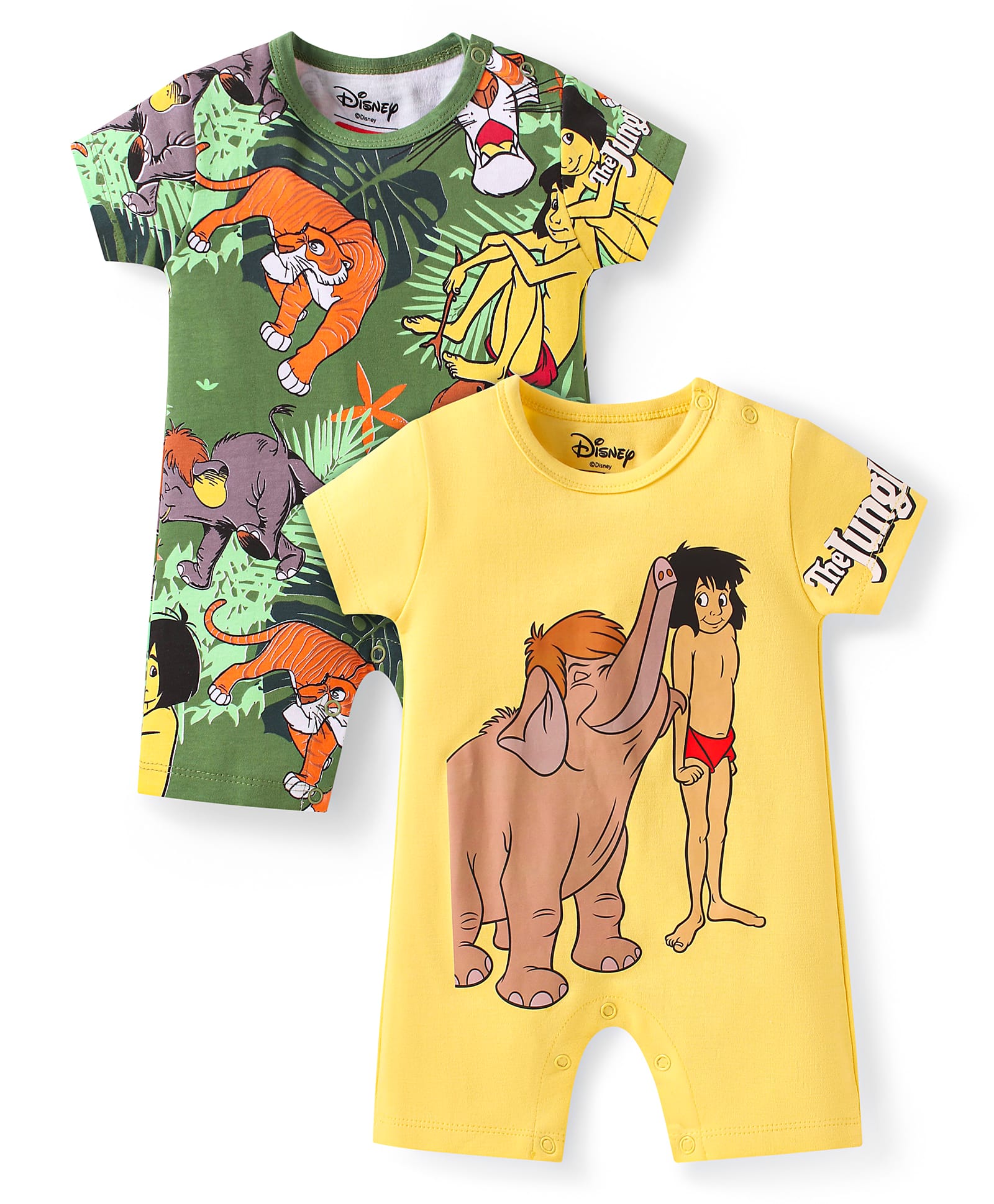 Babyhug Disney Interlock Knit Half Sleeve Romper With Mowgli & Friends Graphic Pack Of 2 - Yellow & Green-picture-25