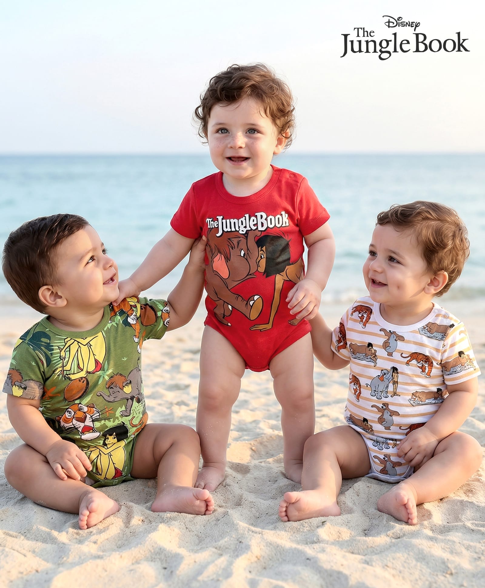 Babyhug Disney Interlock Knit Half Sleeves Onesies With Mowgli & Friends Graphics Pack of 3 - Red White & Olive Green-picture-28