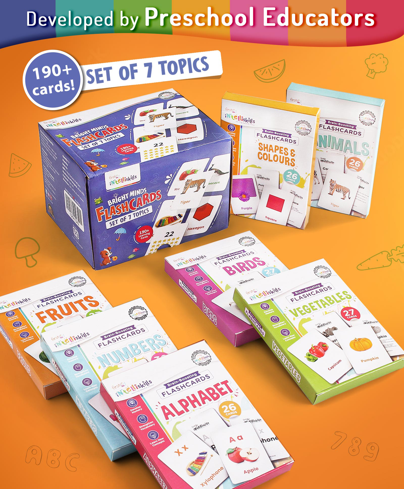 Intelliskills Bright Minds Set of 7 Flashcards | Alphabet, Numbers, Shapes & Colours, Fruits, Vegetables, Animals, Birds | Multicoloured | Boosts Knowledge & Curiosity | For Gifting | Educator Recommended | BIS Certified-picture-28