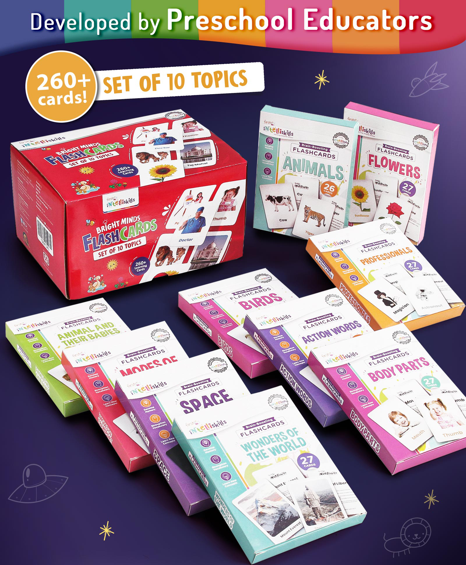 Intelliskills Bright Minds Set of 10 Flashcards | Animals, Flowers, Transport, Body, Professionals, Wonders of the World, Actions, Animal Babies, Space, Birds | Multicoloured | Interactive | For Gifting | Educator Recommended | BIS Certified-image-3