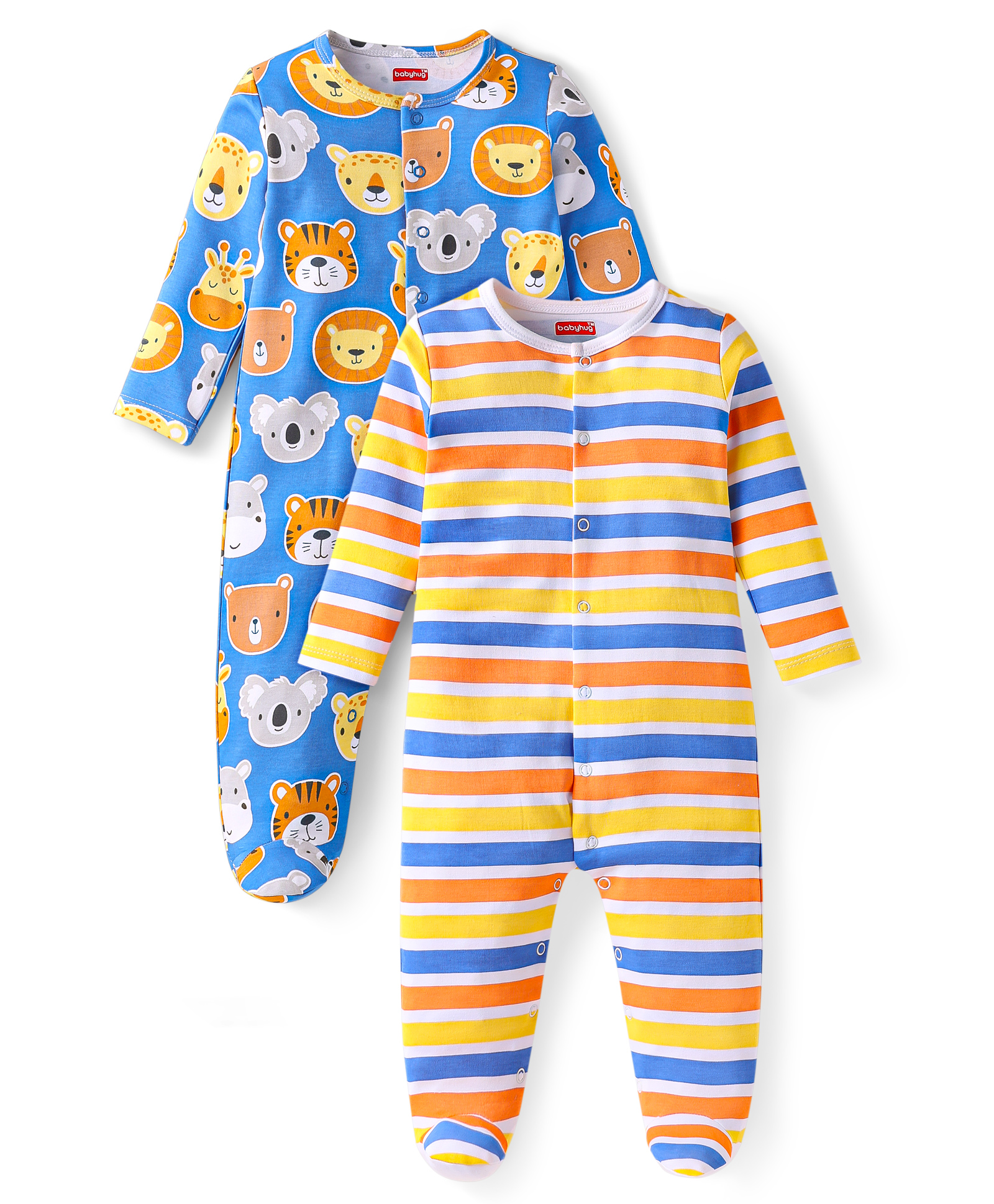 Babyhug Cotton Knit Full Sleeves Sleep Suit with Stripes and Animal Print Pack of 2 - Blue