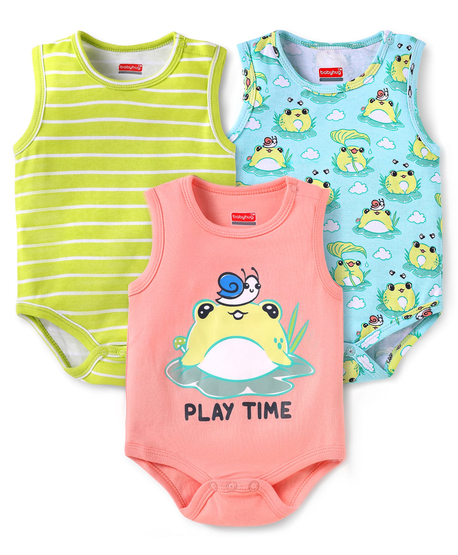 Babyhug 100% Cotton Knit Sleeveless Onesies With Stripes & Animal Print Pack of 3 - Peach Blue & Limegreen-image-15