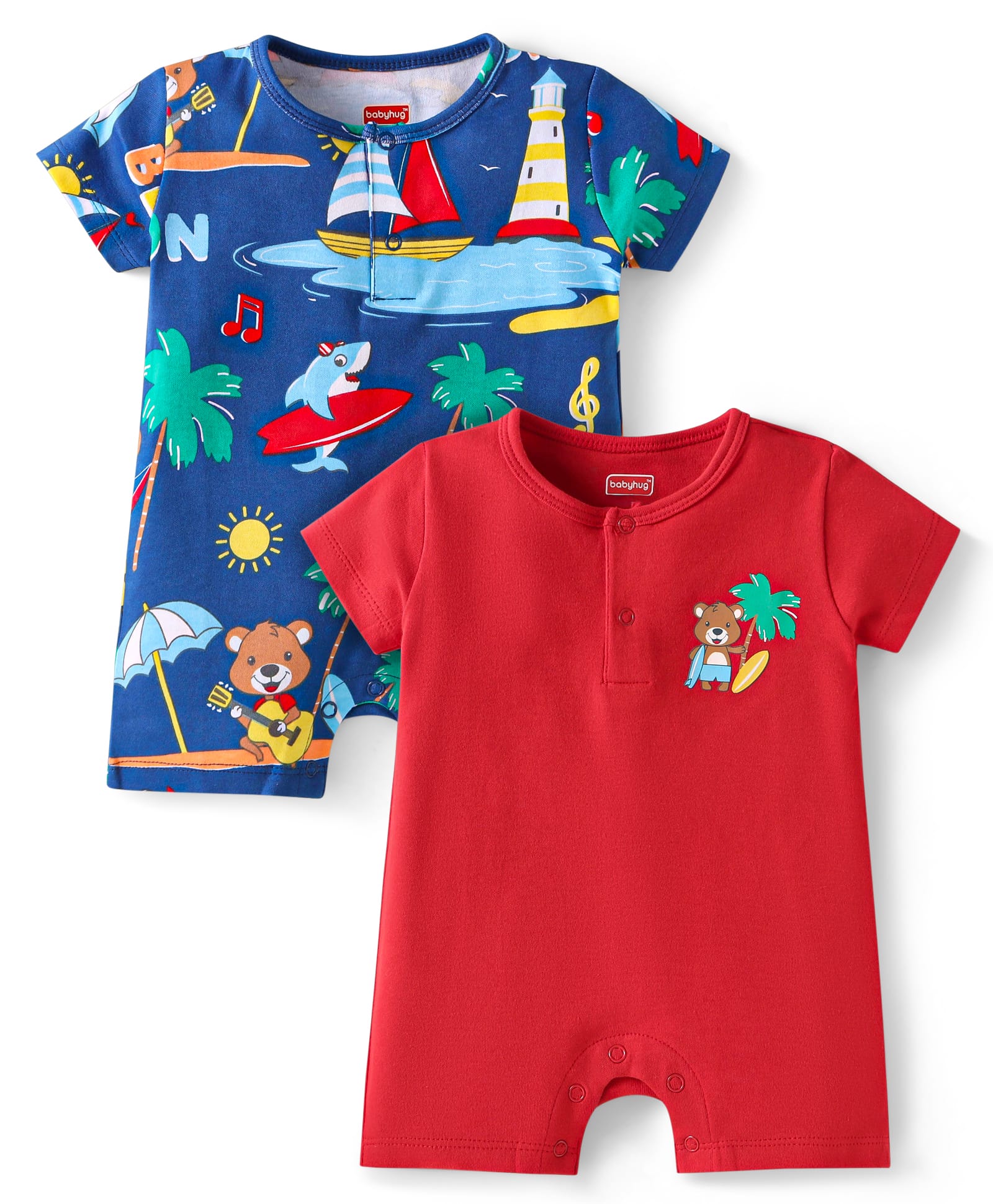 Babyhug 100% Cotton Knit Half Sleeves Rompers With Animals On Beach Print Pack of 2 - Red & Navy Blue
