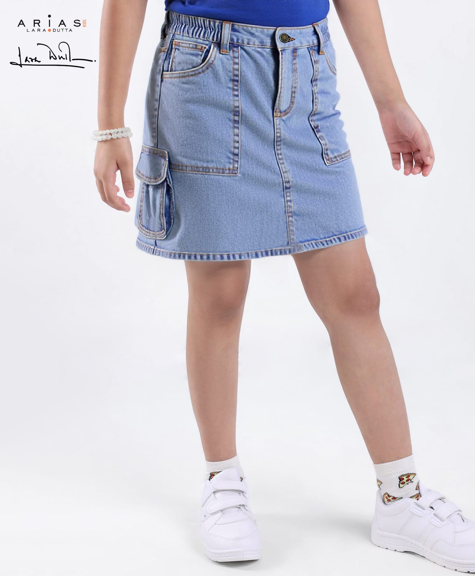 Arias by Lara Dutta Cotton Elastane Woven Washed Skirt With Cargo Pockets - Blue-picture-13
