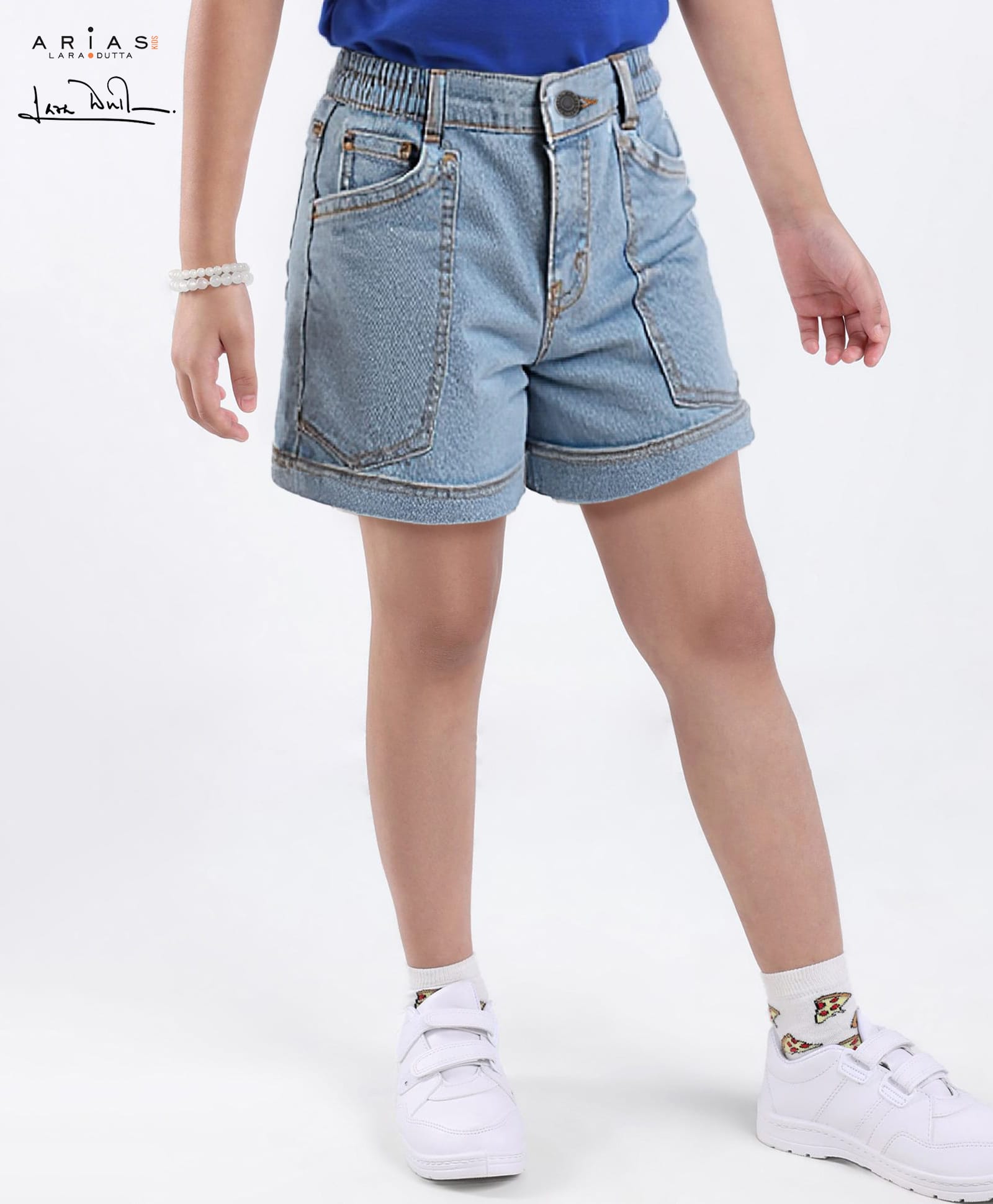 arias by lara dutta Arias Cotton Woven Stretch WashedShorts With Embellishment at Pocket - Blue-picture-35