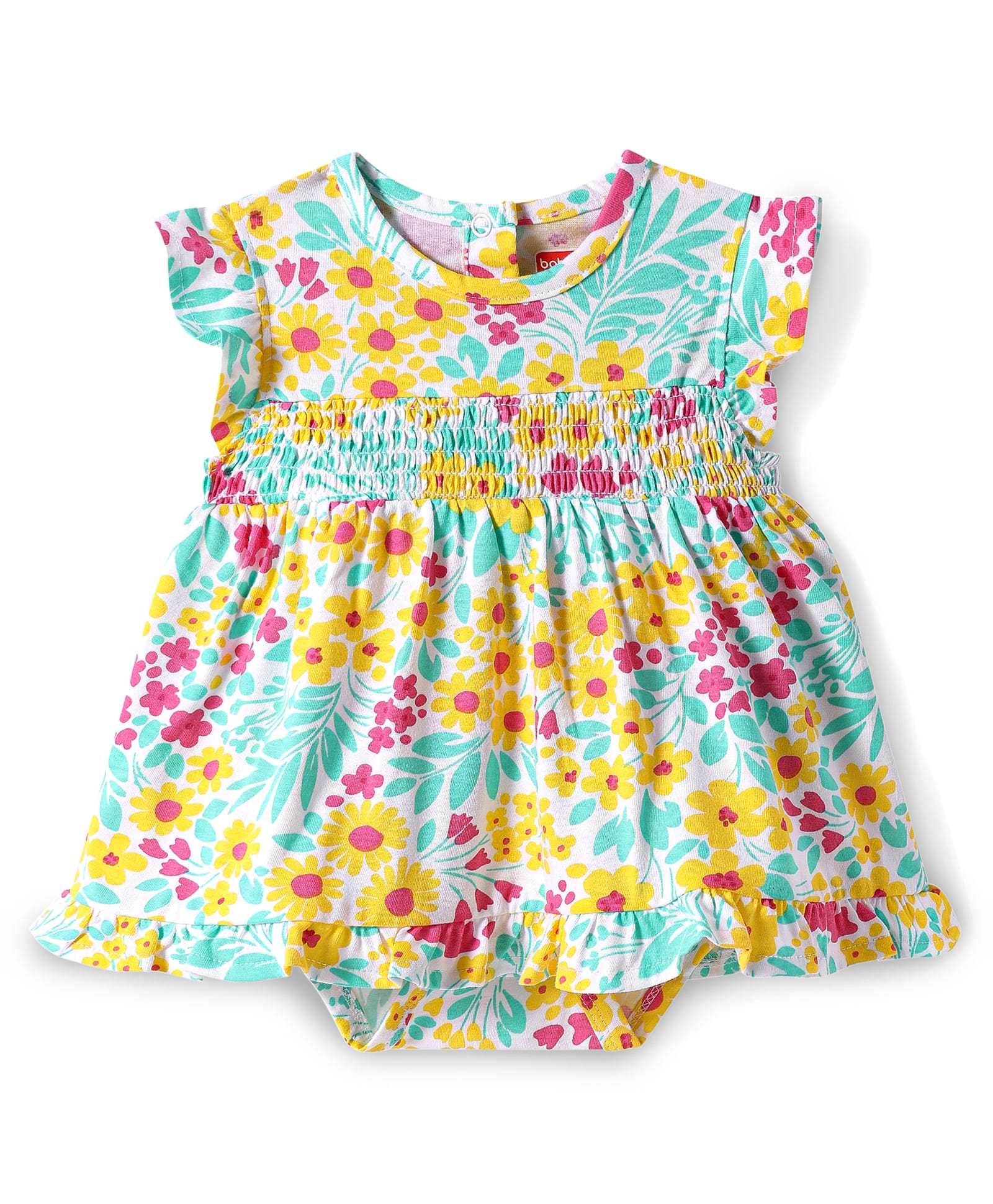 Babyhug 100% Cotton Knit Frill Sleeves Onesie with Floral Print & Smocking - Yellow-picture-25