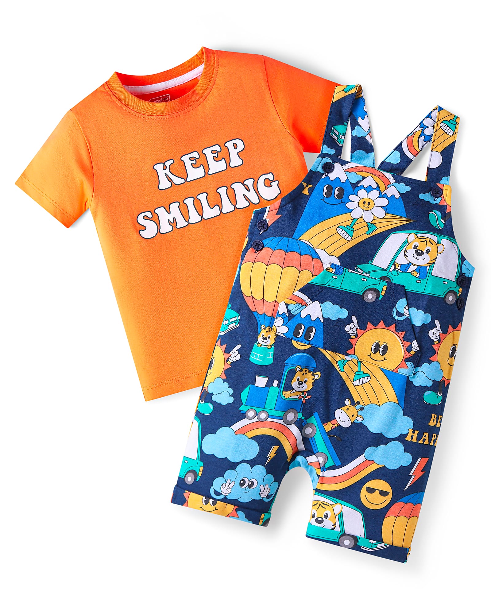 Babyhug Single Jersey Knit Dungaree & Half Sleeves T-Shirt With Animal Print - Blue & Orange-picture-14