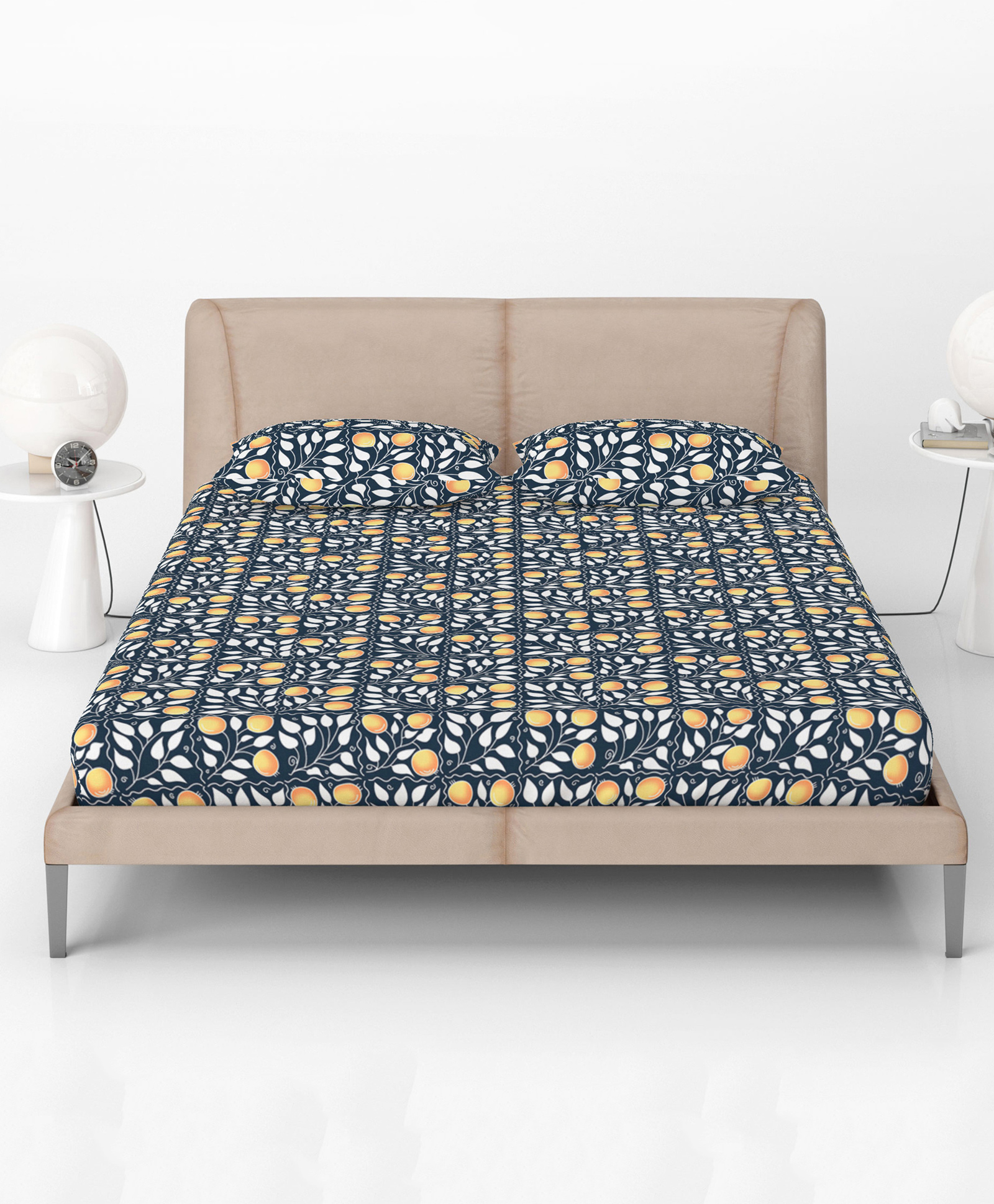 Divine Casa 144 TC 100% Cotton Deep Cobalt Floral King Size Elastic Fitted Bedsheet with 2 Pillow Covers | Elegant Double Bed Set for Bedroom - (185 x 200 + 25) cm-picture-23